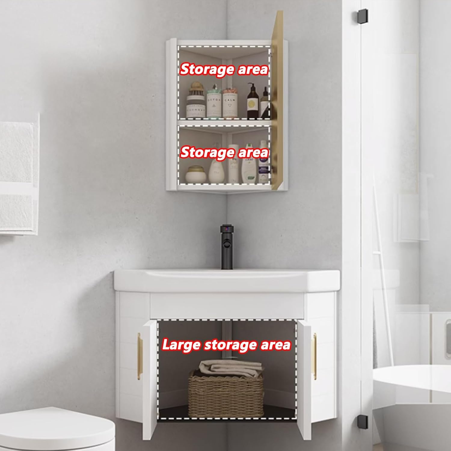 Corner Wall Mount Bathroom Sink, Corner Bathroom Sink, Bathroom Sink with Storage Container, White Ceramic Sink for Small Space, Single-Apartment(56cm/22in)