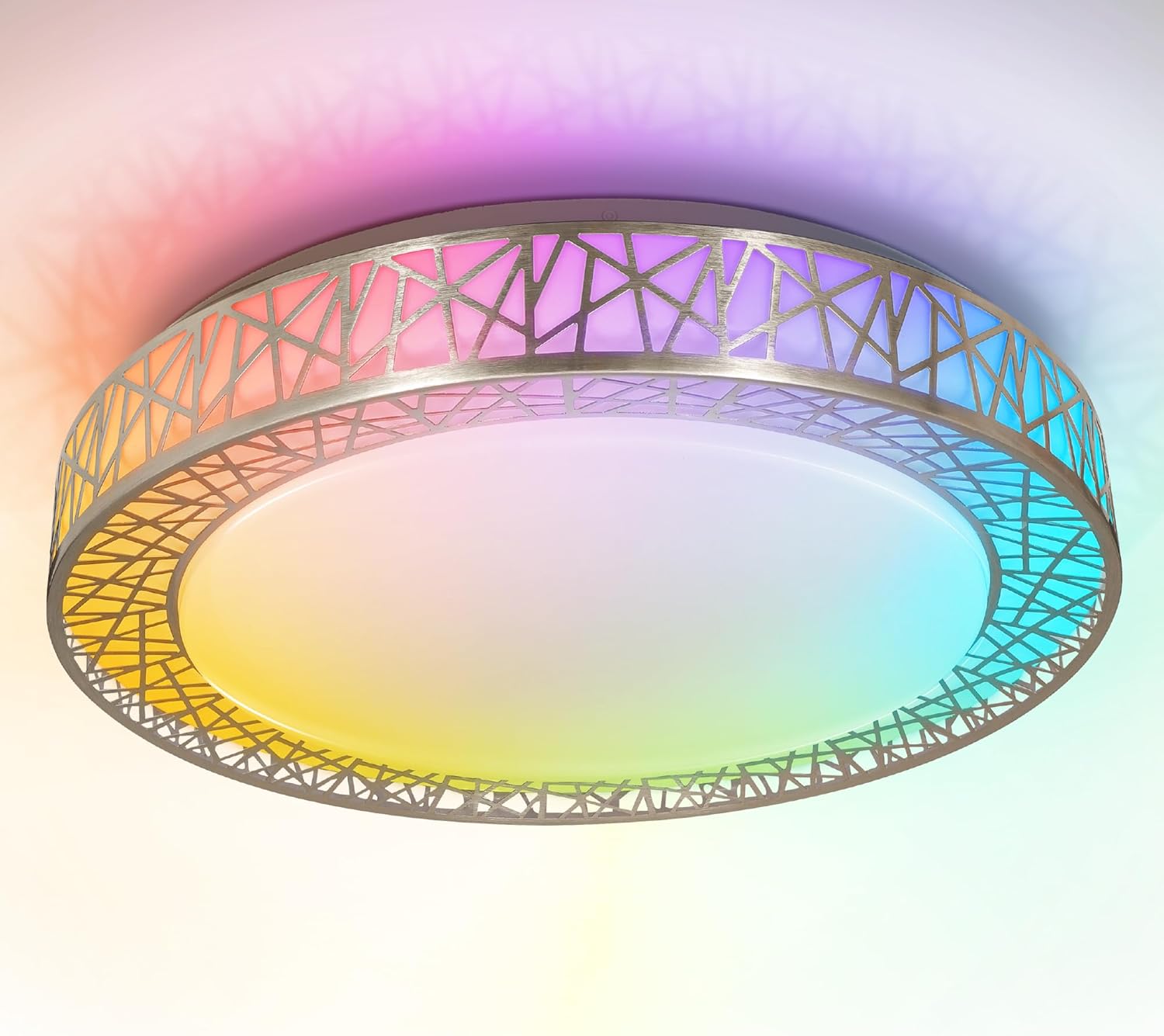 ASD 20 Inch Smart RGBW Flush Mount Ceiling Light with Remote - Brushed Nickel 42W 120V 2700-6500K Dimmable Ceiling Light Fixture, WiFi App Control RGB Lights, Alexa & Google Assistant - ETL