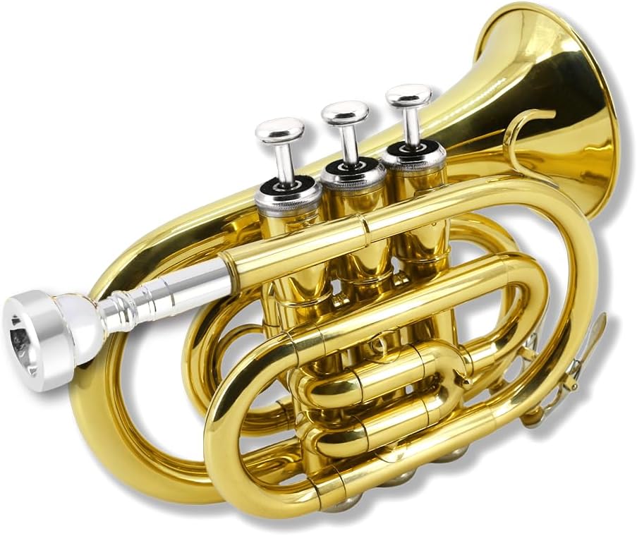 Brass Pocket Trumpet Bb Key Nickel Plated with Mouthpiece 7C, Cleaning Kit, Carrying Case, Gloves for Beginners/Students (Golden)