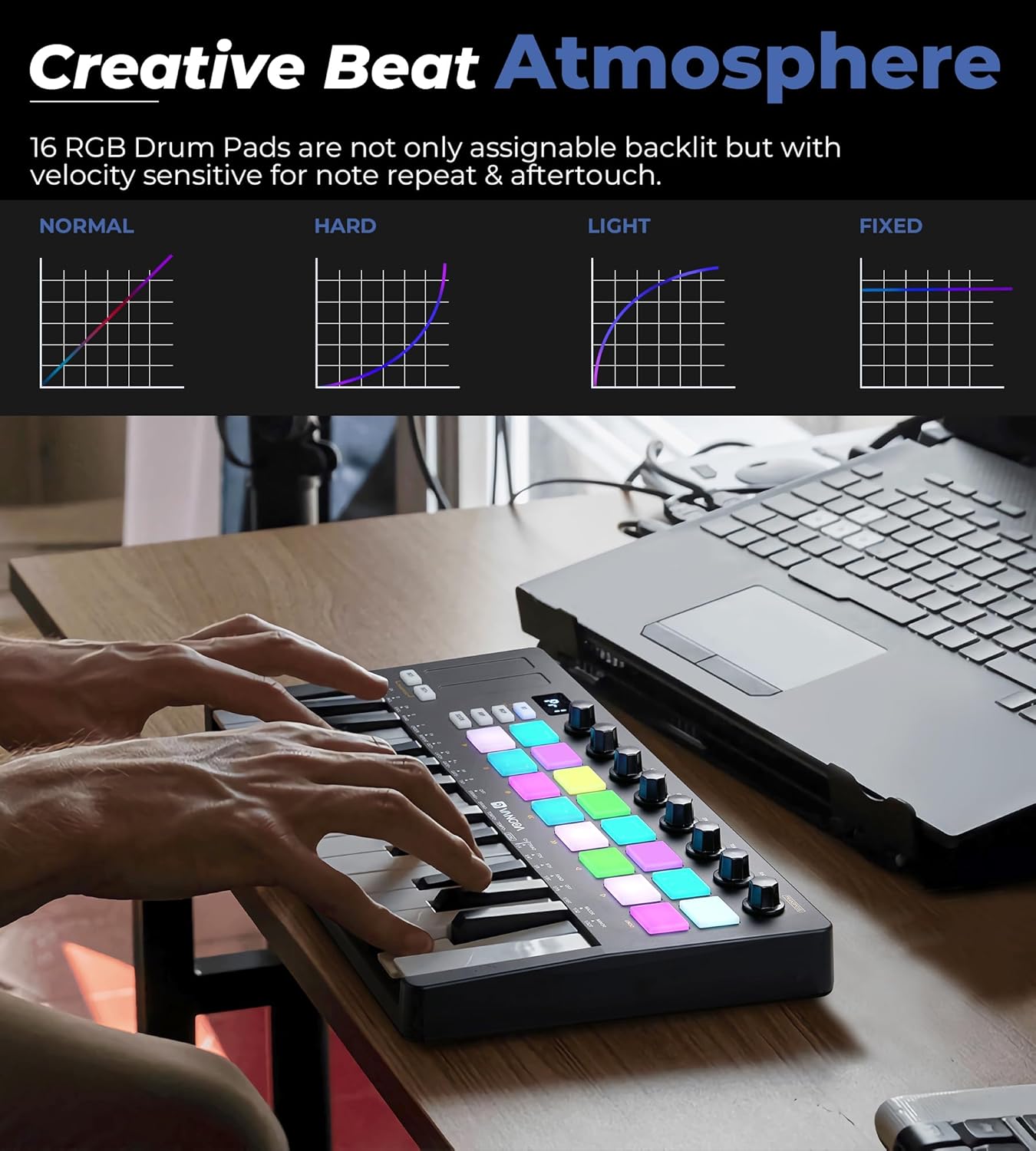 Vangoa Wireless MIDI Beat Maker & Mixer: 25-Key Pad and 16 RGB Drum Pads for Music Production