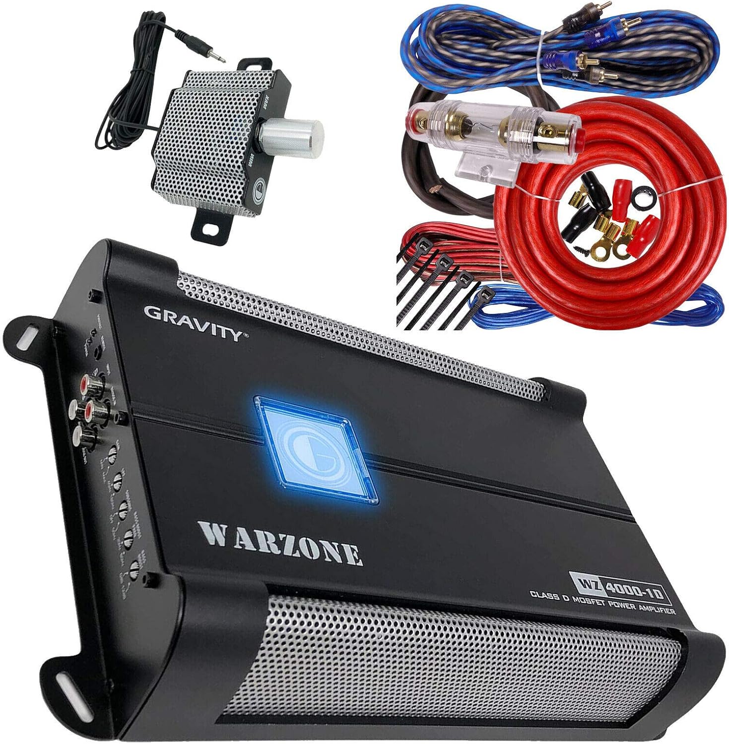 Gravity WZ4000.1D Warzone 4000 Watts Class D Car Audio Amplifier 1/2/4 Ohm Stable with Remote Control Audiobank 4 Gauge 2300W Amplifier Installation Wiring Kit