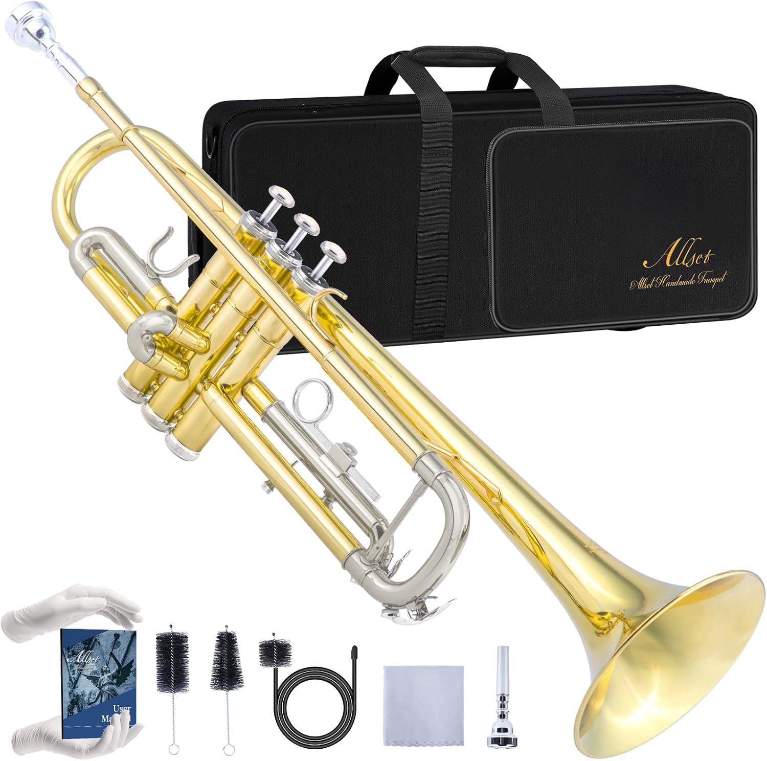 ALLSET Bb Standard Trumpet for Beginners | Student Band, Orchestra, Pro Level Performance | Professional Brass Trumpet Kit with Hard Case, 7C Mouthpiece& Cleaning Kit | Gold Tube & s Silver key