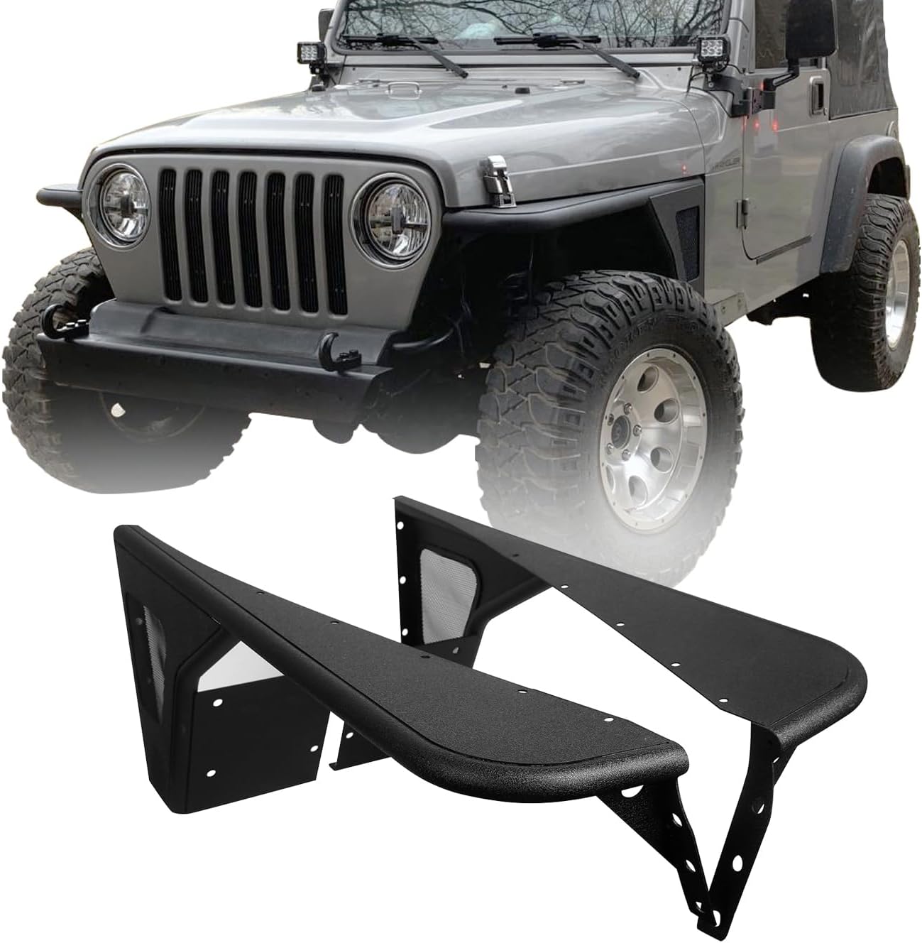 Hooke Road Wrangler TJ Front Flat Fender Flares Steel Armor Wheel Cover Guards for 1997-2006 Jeep Wrangler TJ & Unlimited (2PCS)