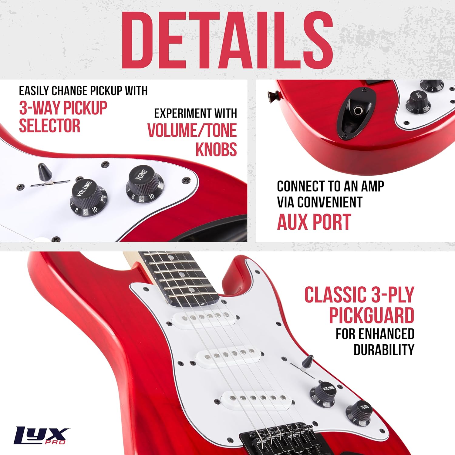 LyxPro CS 30” Electric Guitar Kit for Beginner, Intermediate & Pro Players with Guitar, Amp Cable, 6 Picks & Learner’s Guide | Solid Wood Body, Volume/Tone Controls, 5-Way Pickup - Red