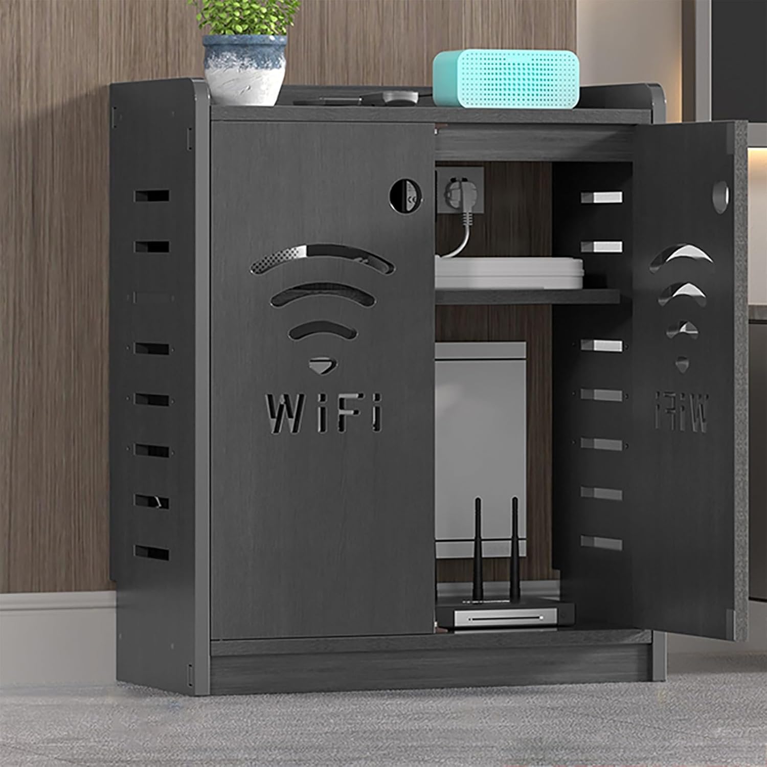 WiFi Router Storage Cabinet with Adjustable Shelves, Floor Standing Router Decorative Storage Box, Modern Standing Cabinets for Bathroom Living Room (no backplane)(Black,50*25*60cm/20*10*24in)