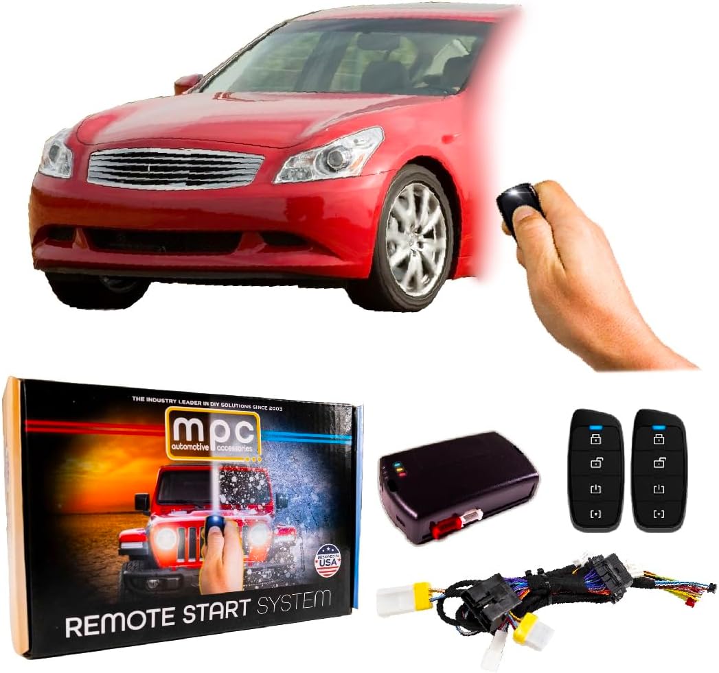 MPC Complete Kit - (2) 4-Button 2-Way Extended Range Remote Start Compatible with Infiniti G35 2007-2009 Push-to-Start - Plug-in T-Harness - Firmware Preloaded - Antenna Kit