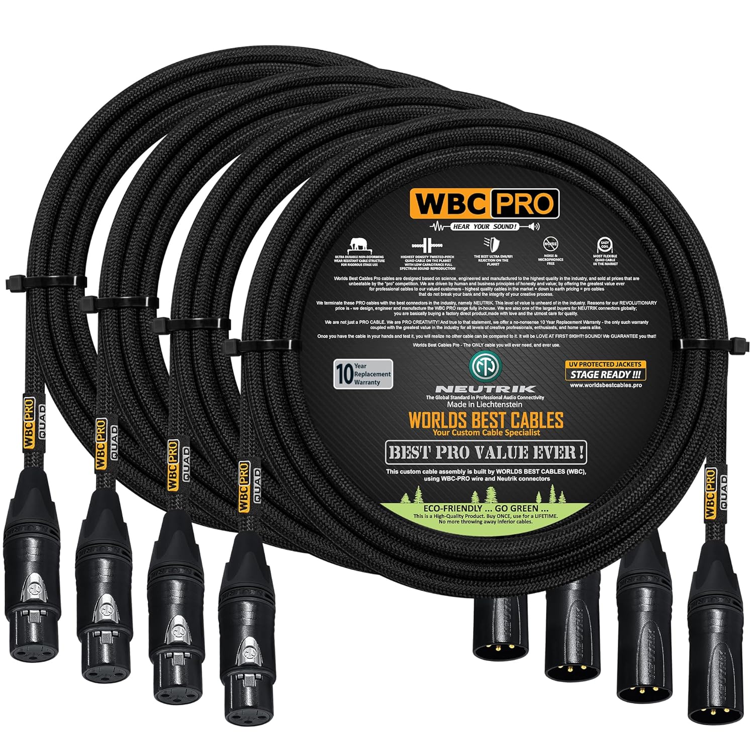 4 Units - 8 Foot - WBC-PRO-Quad Ultra-Silent Ultra-Flexible Balanced Star-Quad Cable with Neutrik Male & Female XLR Plugs & Black Tweed Jacket