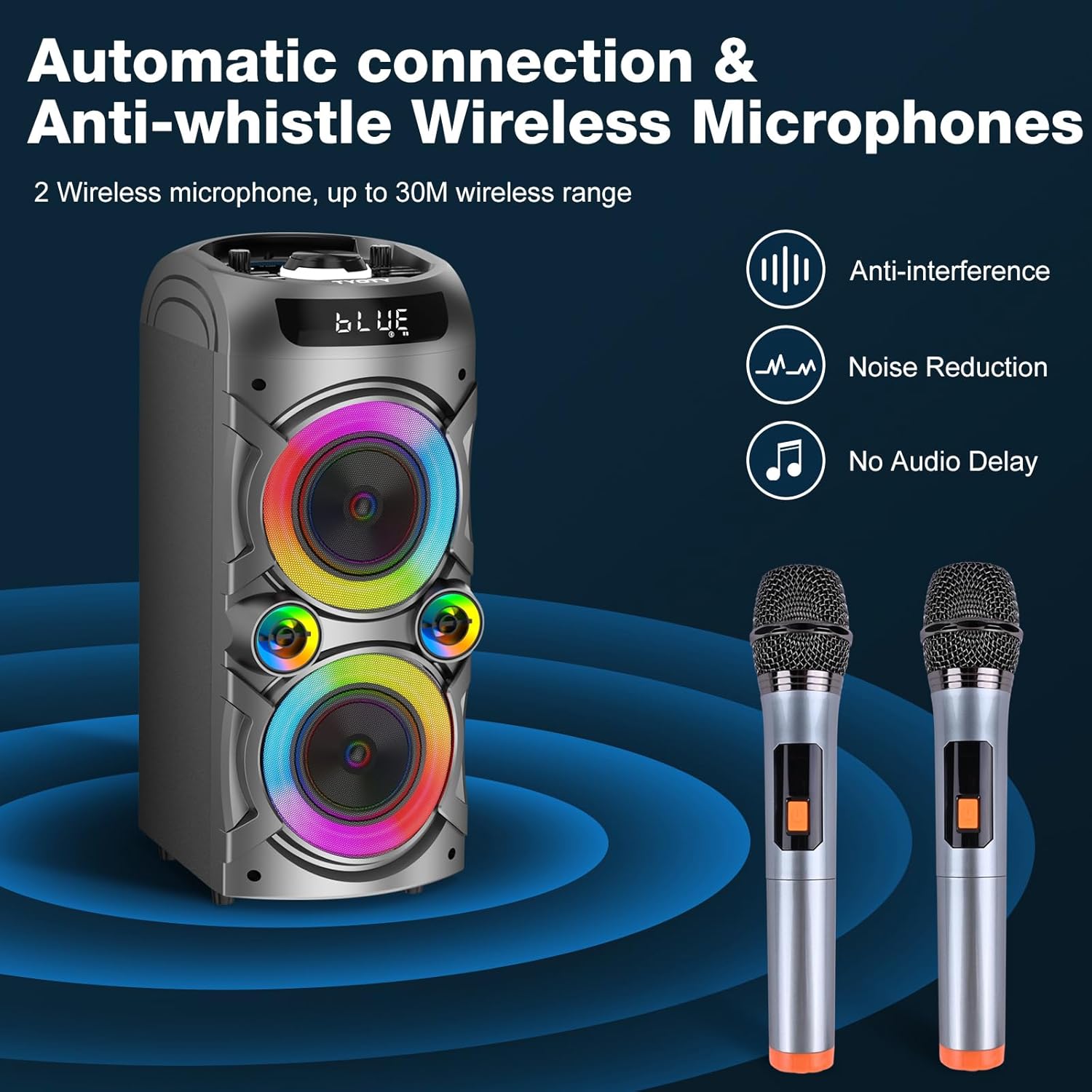 Karaoke Machine with 2 Wireless Microphones, Portable PA System Big Bluetooth Speaker with LED Lights, Remote Control Support Bass/Treble Adjustment, TF Card/USB, REC for Adult Kids Home Party
