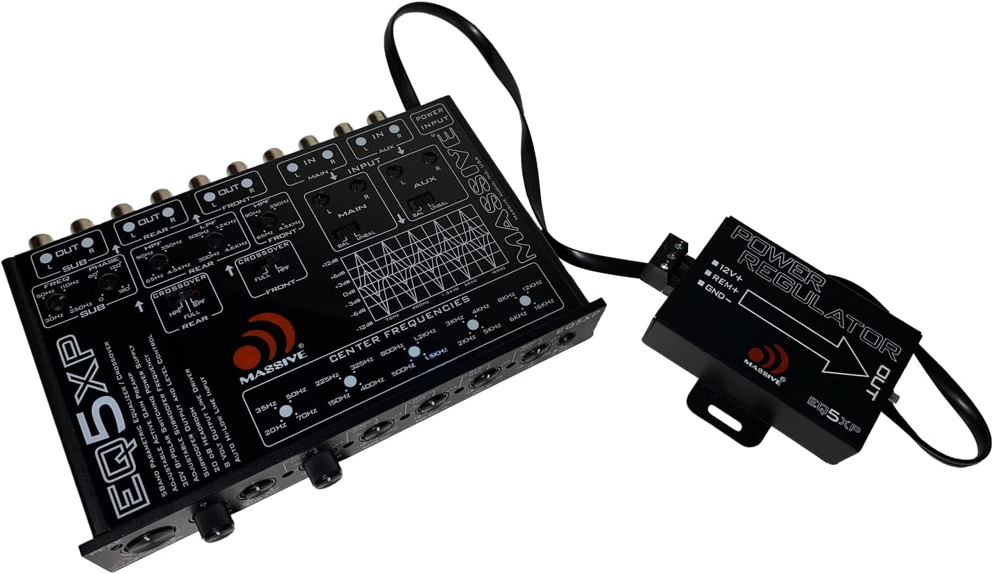 Massive Audio EQ5XP | 5-Band Car Audio Parametric Equalizer with 9V Line Driver, Subwoofer Control & Adjustable Fader - in-Dash EQ for Pro Sound Tuning