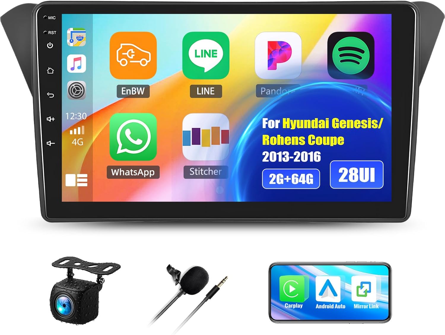 SIXWIN 2G+64G Android Car Stereo for Hyundai Genesis/Rohens Coupe 2013-2016 9 Inch Touch Screen with CarPlay Android Auto Mirror Link Bluetooth FM 28UI Backup Camera GPS Navigation WiFi FM SWC MIC