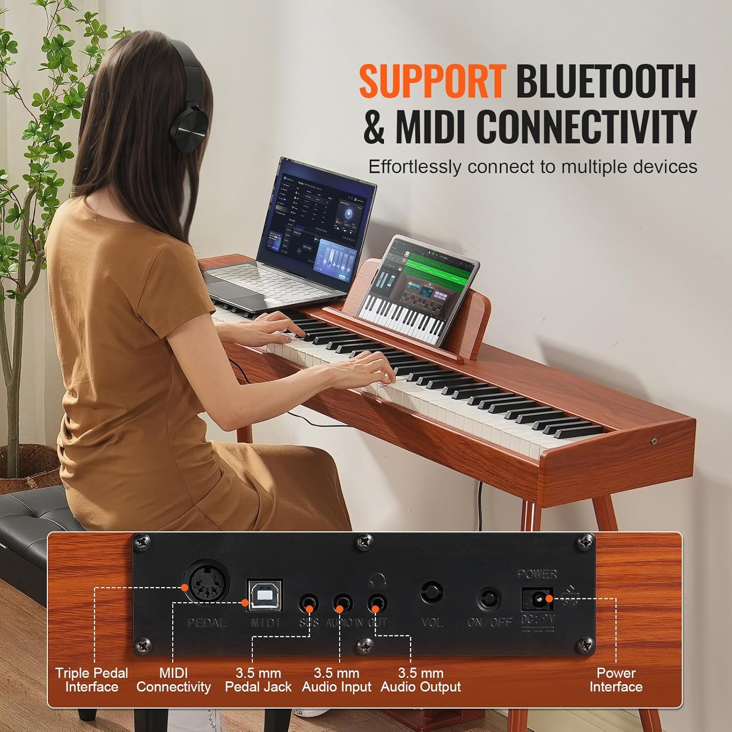 HappyBuy Digital Piano with Weighted Keys, 88 Key Electric Piano with Dual Keyboard & Speakers, Four-Legged Stand and Headphone, 200 Tones & Rhythms, Bluetooth/USB/MIDI Support, Ideal for Novices