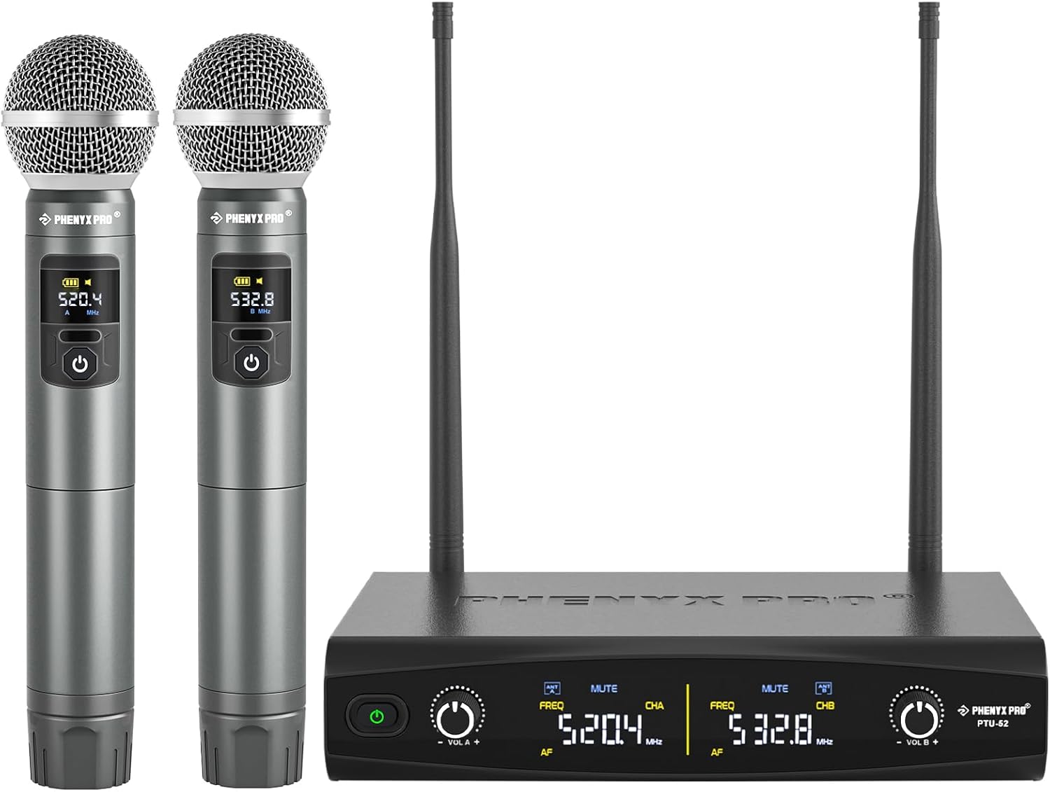 Phenyx Pro Wireless Microphone System, Metal Wireless Mic Set, Handheld Cordless Dynamic Microphones for Singing, Karaoke, Church, 2x30 UHF Tunable Frequencies,200 ft Range (PTU-52-2H)