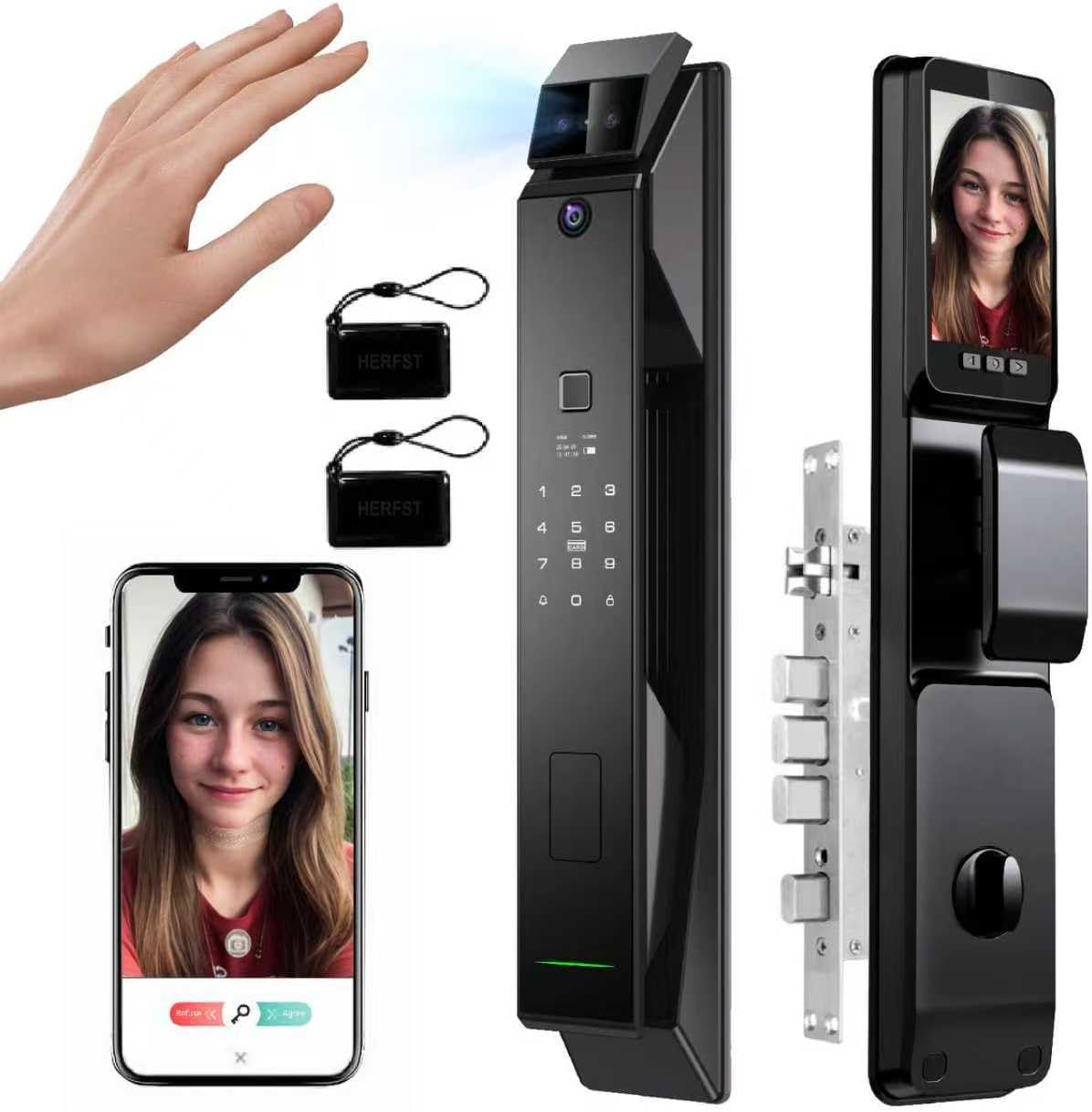 Smart Door Lock 3D Face Fingerprint Recognition Door Lock App Unlocking with Palm Prints Smart Lock Multifunctional Lock Suitable for Residential Home,Villas, Apartments