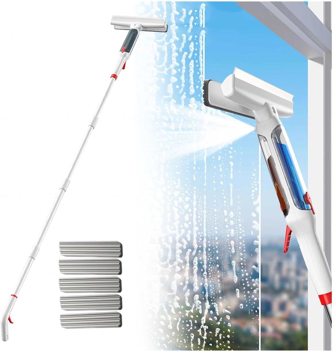 75'' Spray Window Squeegee for Home with 4-Section Extension Pole, 4 in 1 Windshield Cleaner Tool Window Washing Squeegee with Sewage Collector and 5 Pads