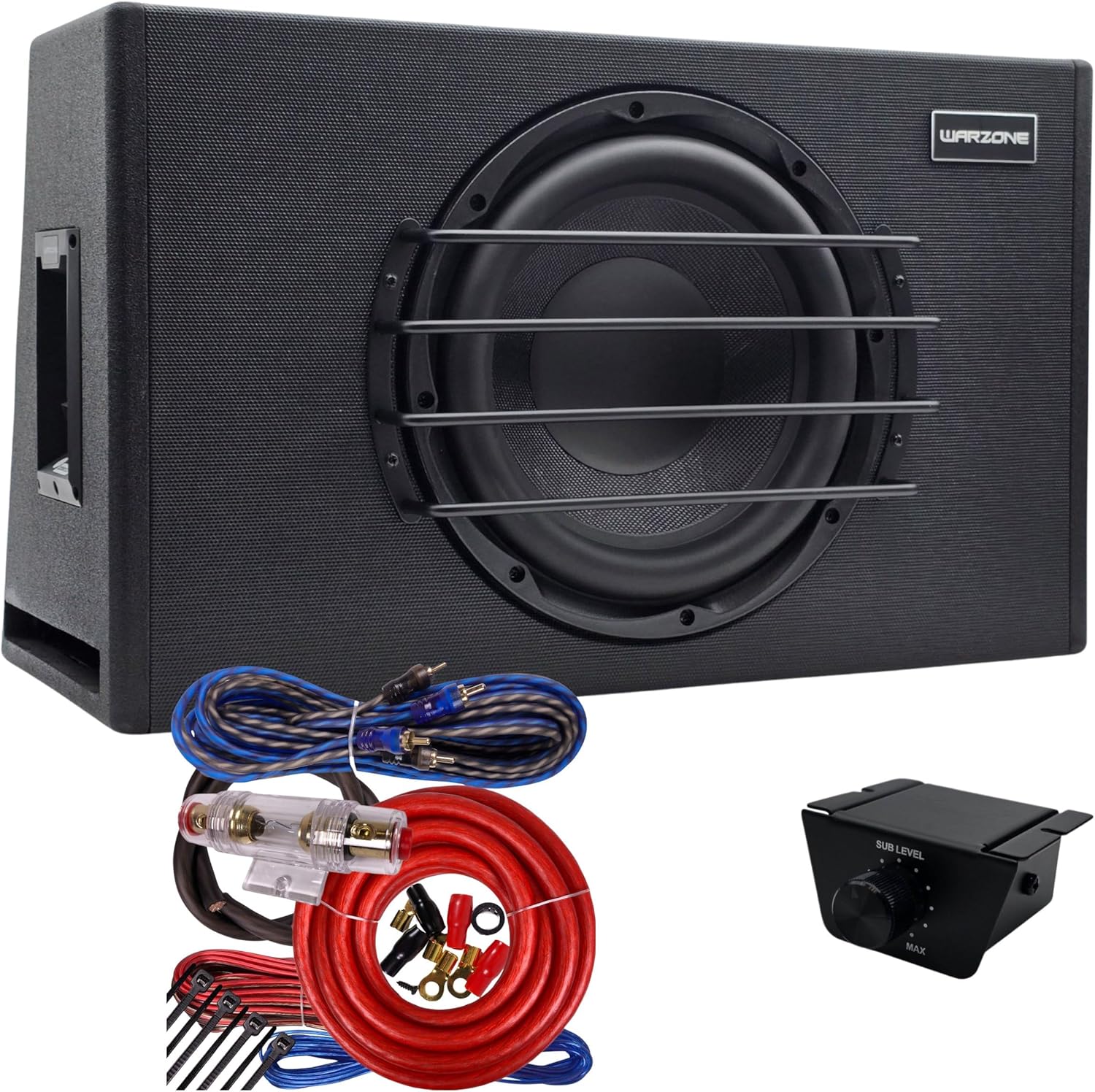 Warzone WZ12SUB 12-Inch Super Powered Subwoofer, 600W RMS / 1800W Max, Vented Wooden Enclosure, Variable Crossover, Bass Boost, Wired Remote for Pro Car Audio + Red Gravity 2000W Amplifier Wiring Kit