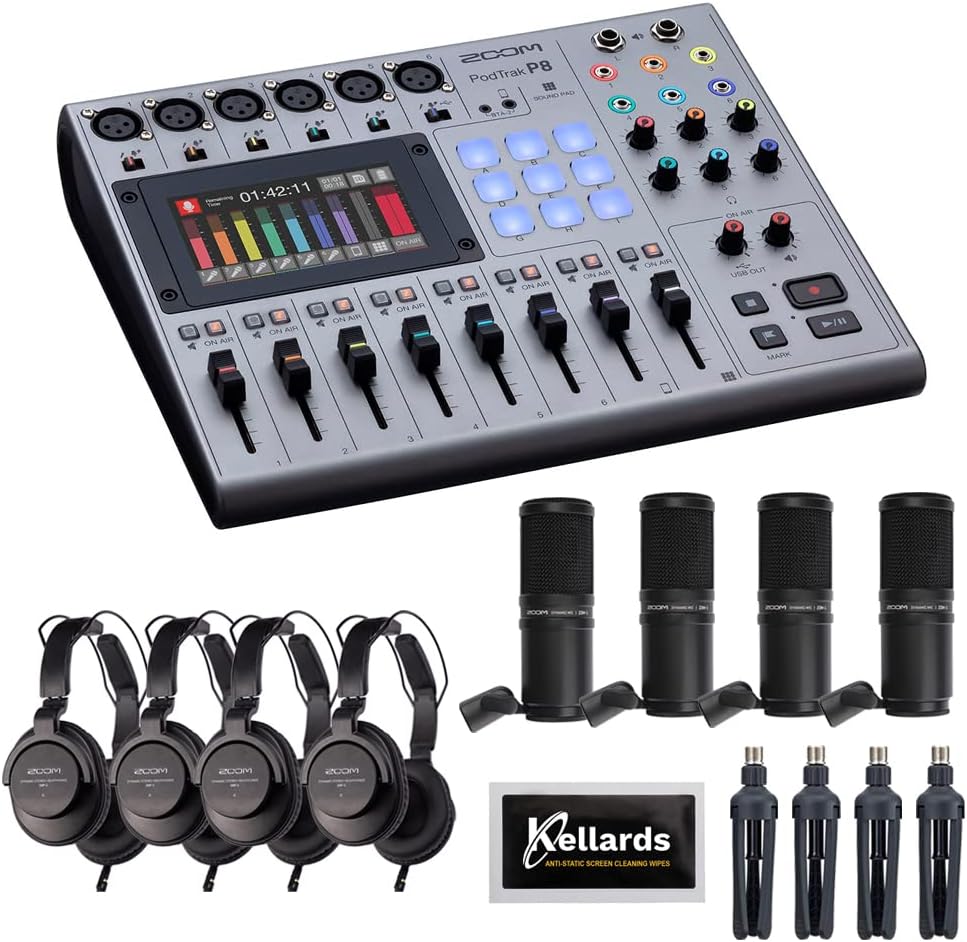 Zoom PodTrak P8 Portable Multitrack Podcast Recorder Bundle with 4X Zoom ZDM-1 Podcast Mic Pack