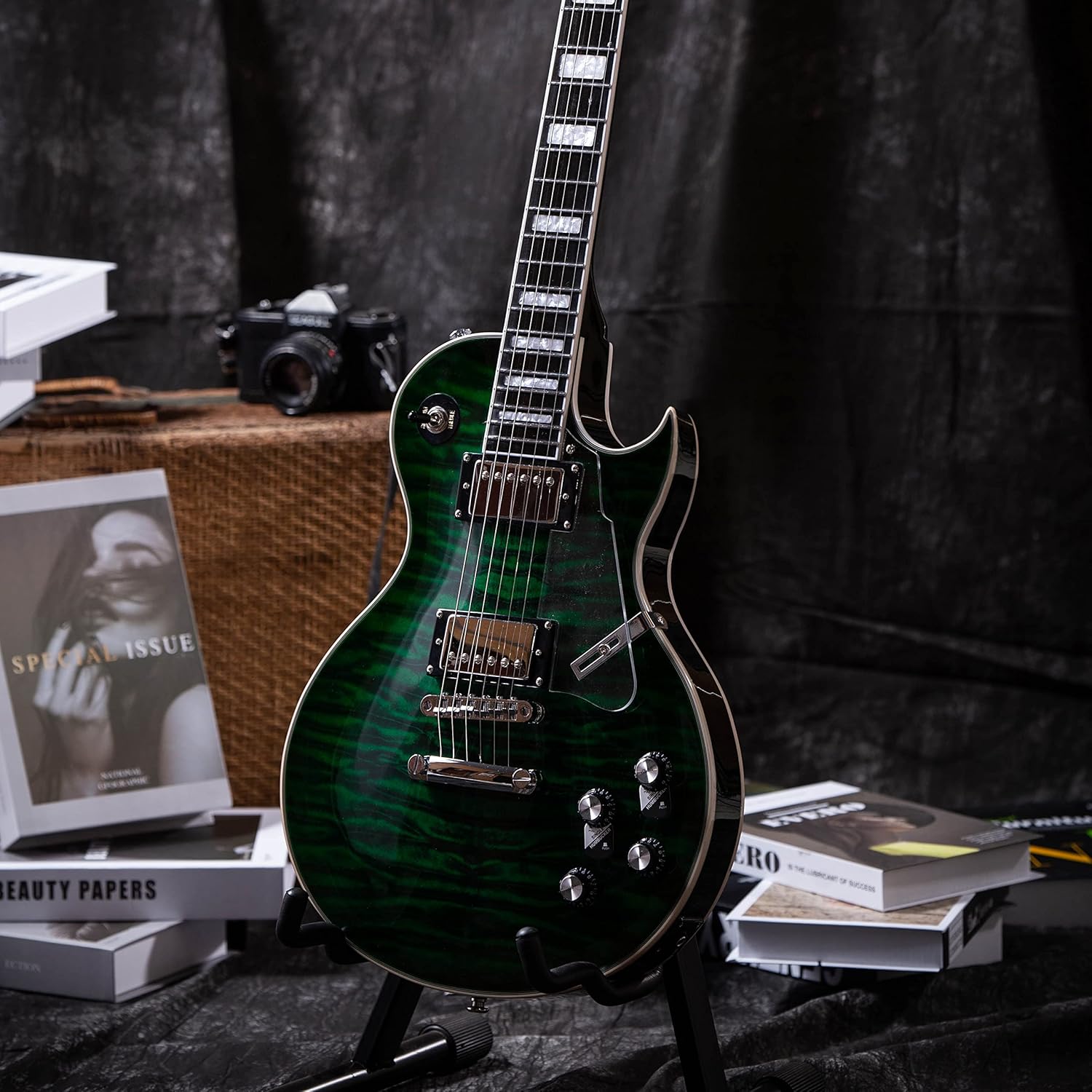 Electric Guitar,6 String Solid LP style Electric Guitar, Mahogany Body and Neck, Rosewood Fretboard, for Adults Professional Electric Guitar (Green)