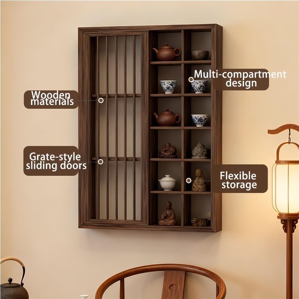 Tea Cup Holder Display Stand, Wall Mounted Cups Holders with Door, Wood Teaware Displays Shelf for Living Room, Tea Room, Office(35.43 * 23.62in)