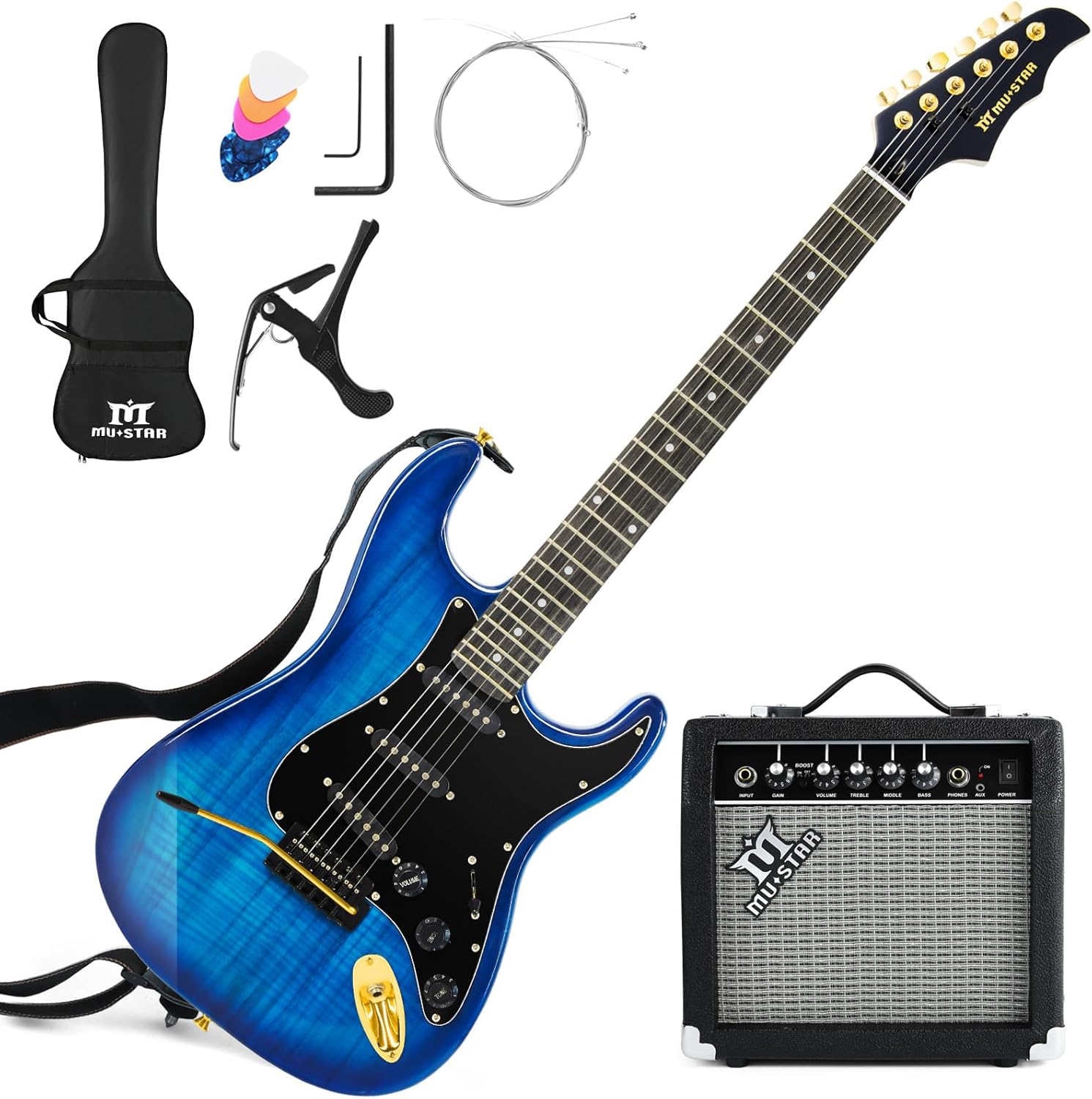MUSTAR Electric Guitar Kit with 25W Amplifier, 39 Inch Full Size Solid Wood Electric Guitar Beginner Kits, Gig Bag, Capo, Strap, Cable, Picks, Birthday Holiday Gifts (BLUE)