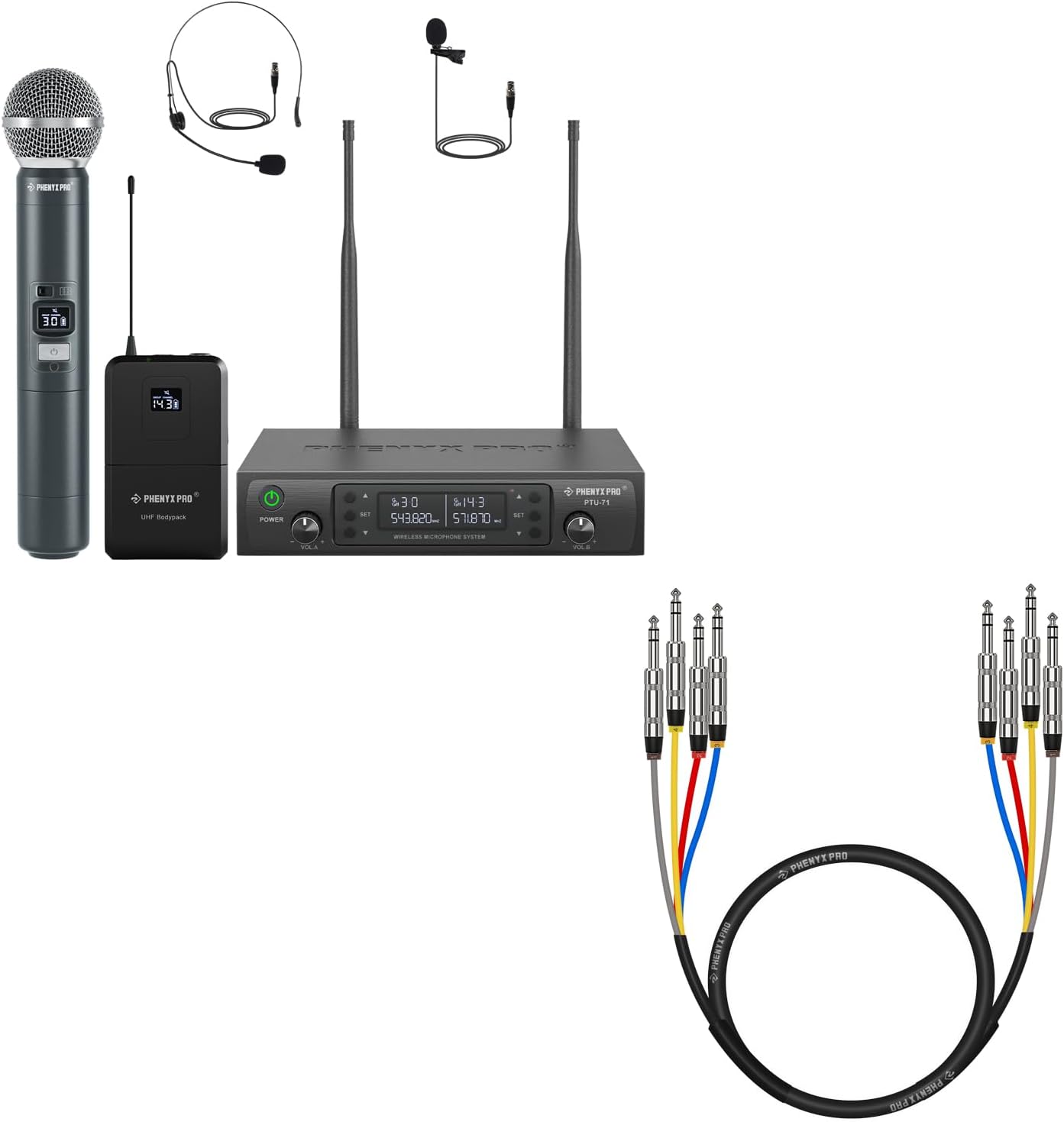 Phenyx Pro Wireless Microphone System PTU-71-1H1B Bundle with 4-Channel TRS Snake Cable PCBL-QR4IN1-3