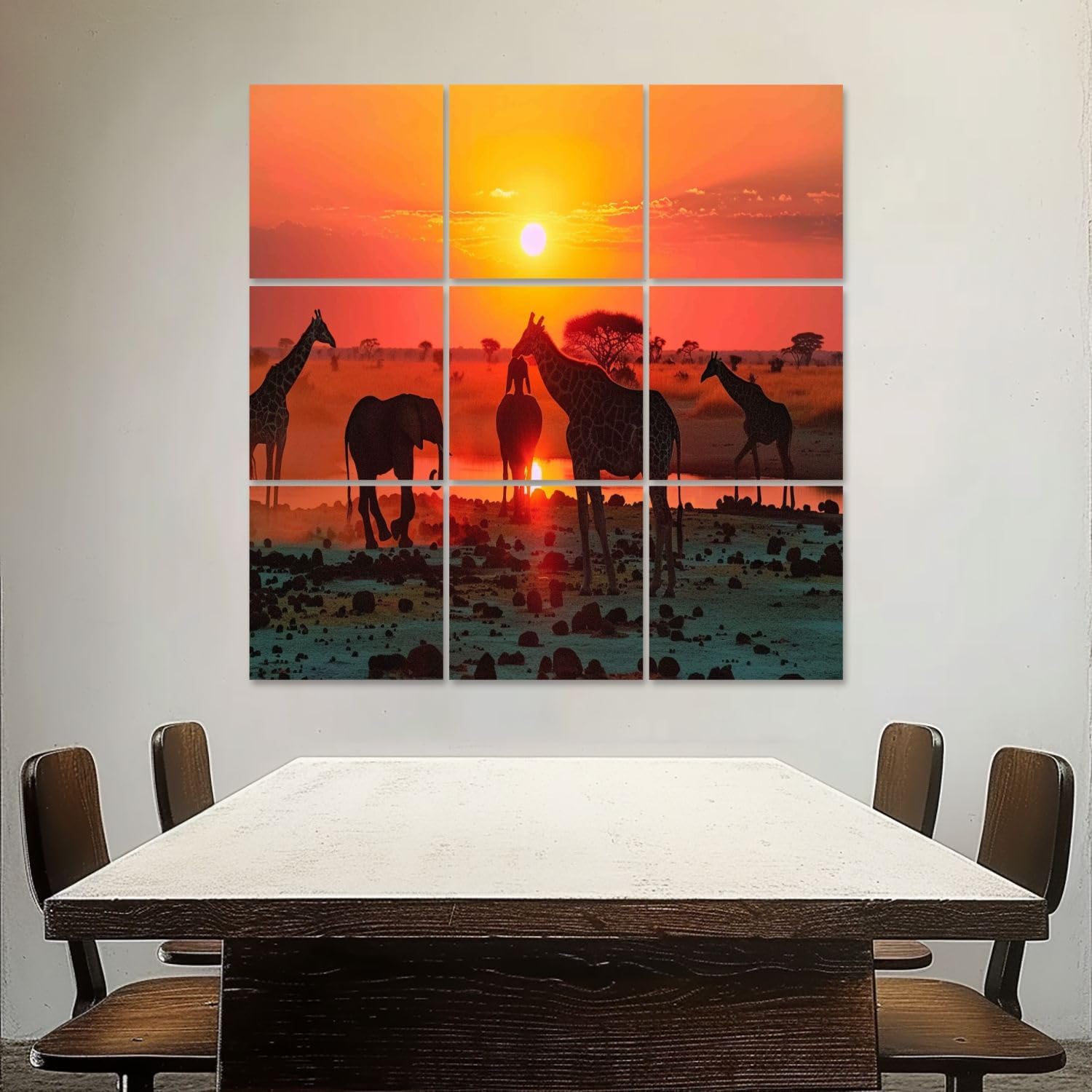 Art Acoustic Panels Self Adhesive Africa big5 elephants giraffes sunset sunrise sky 9 Packs Decorative Soundproof Wall Panels Large Sound Absorbing Panels for Home Office 60