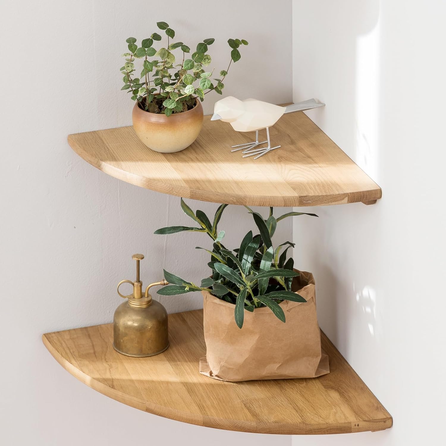 4pcs Oak Corner Shelves Wall Mount Set Round End Floating Speaker Shelf Display Shelf for Small Plant Photo Frame (9in+10in+12in)