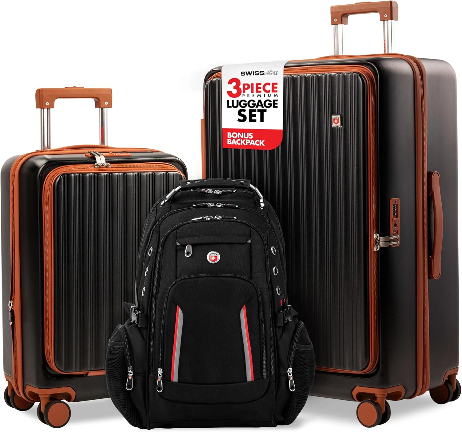 SWISS&CO 3-Piece Premium Luggage Set – Hardshell Spinner Suitcases with TSA Lock, Front-Open Design, Durable Travel Backpack – Spacious, Multi-Compartment Design– 28