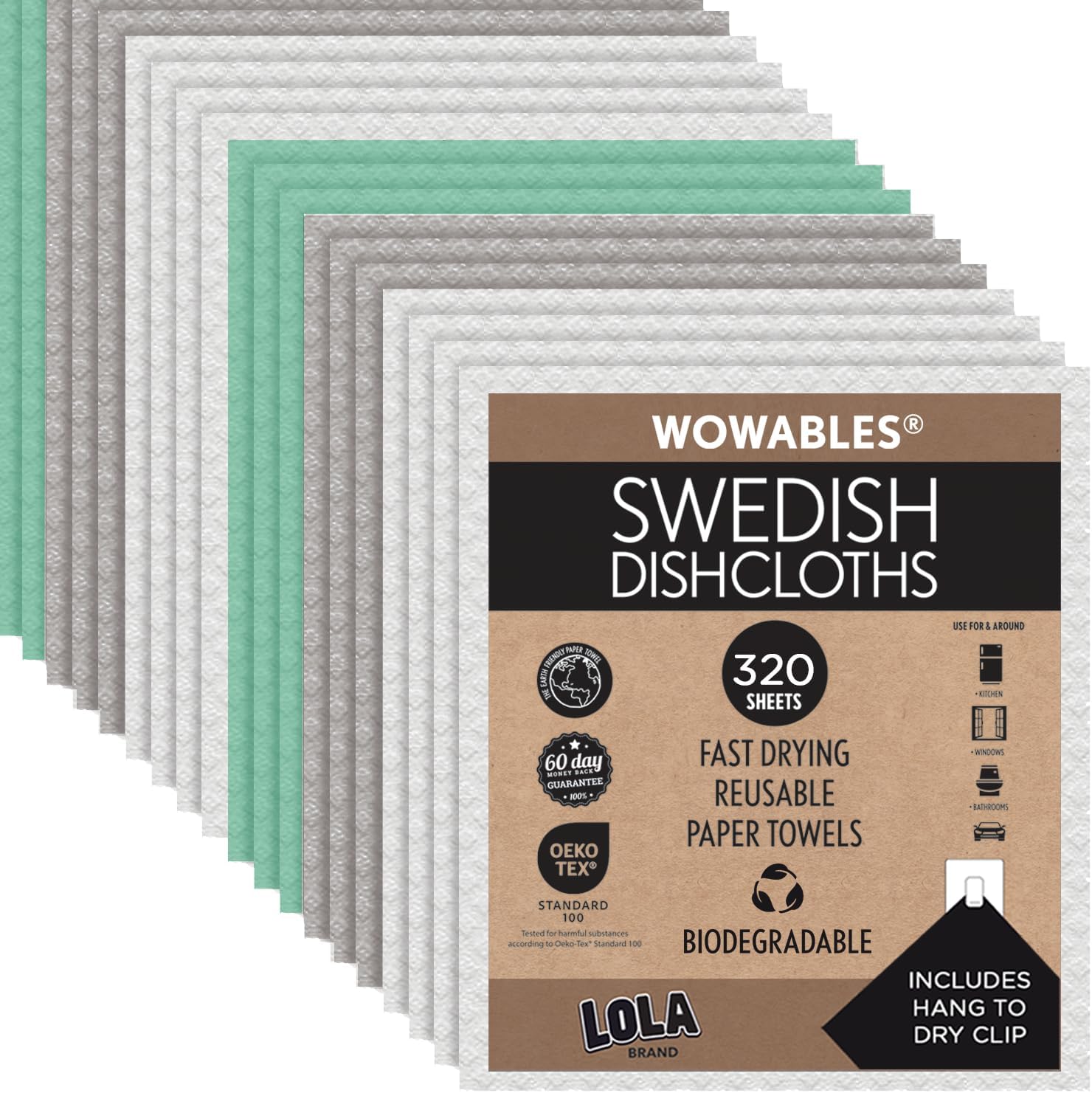 LOLA Swedish Dishcloths, 320 Pk, Biodegradable Reusable Paper Towels Absorbent Cellulose Kitchen Sponge Cloths Zero Waste Odor Free, Made in Germany