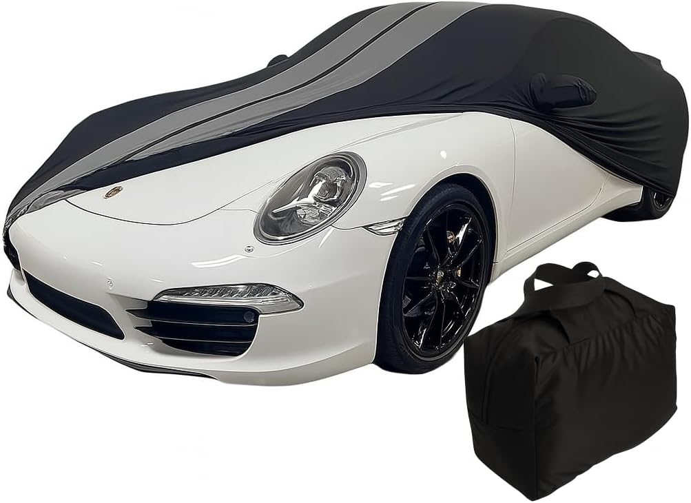 Porsche 911/718 Indoor Car Cover - Custom Fit Ultraguard Stretch Satin Compatible for 1999-2026 Porsche Coupe Carrera Targa Turbo GTS, Cayman & Boxster - High End Fit (Black/Dark Gray Stripes)