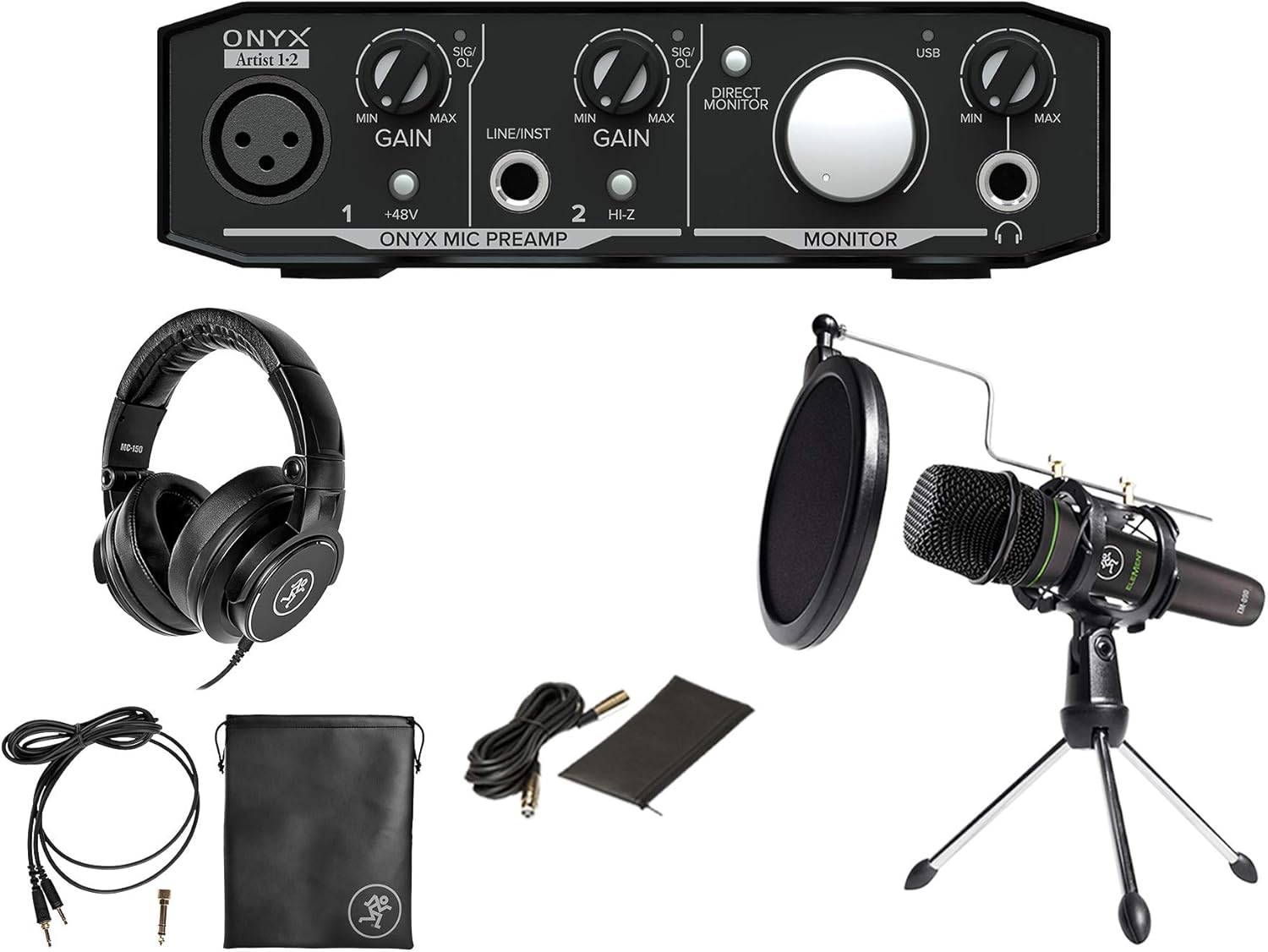Audiosavings Bundle: Onyx Artist 1.2 2x2 USB Audio Interface Bundle with Vocal/Recording Mic w/Cable+Clip, MC-150 Studio Headphones + Mic Stand w/Pop Filter+Shock Mount (4 Items)