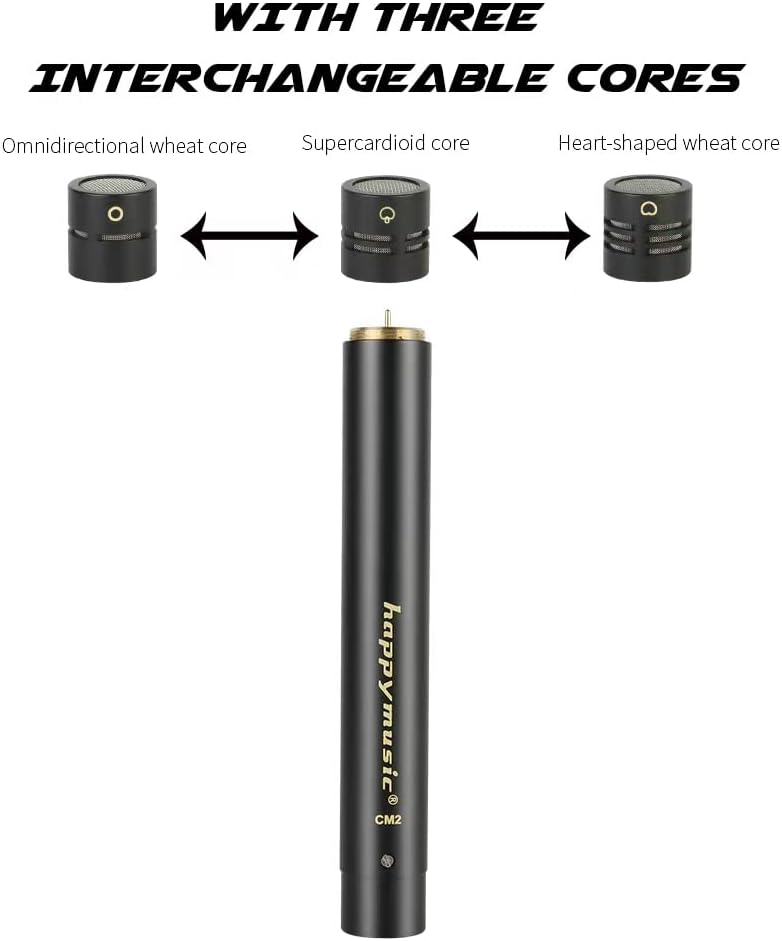 happymusic CM2 Pencil Stick Condenser Microphone，Interchangeable Omni,Cardioid and Super Cardioid Capsules for Acoustic Woodwind Instruments &Professional Audio Recording Acoustic
