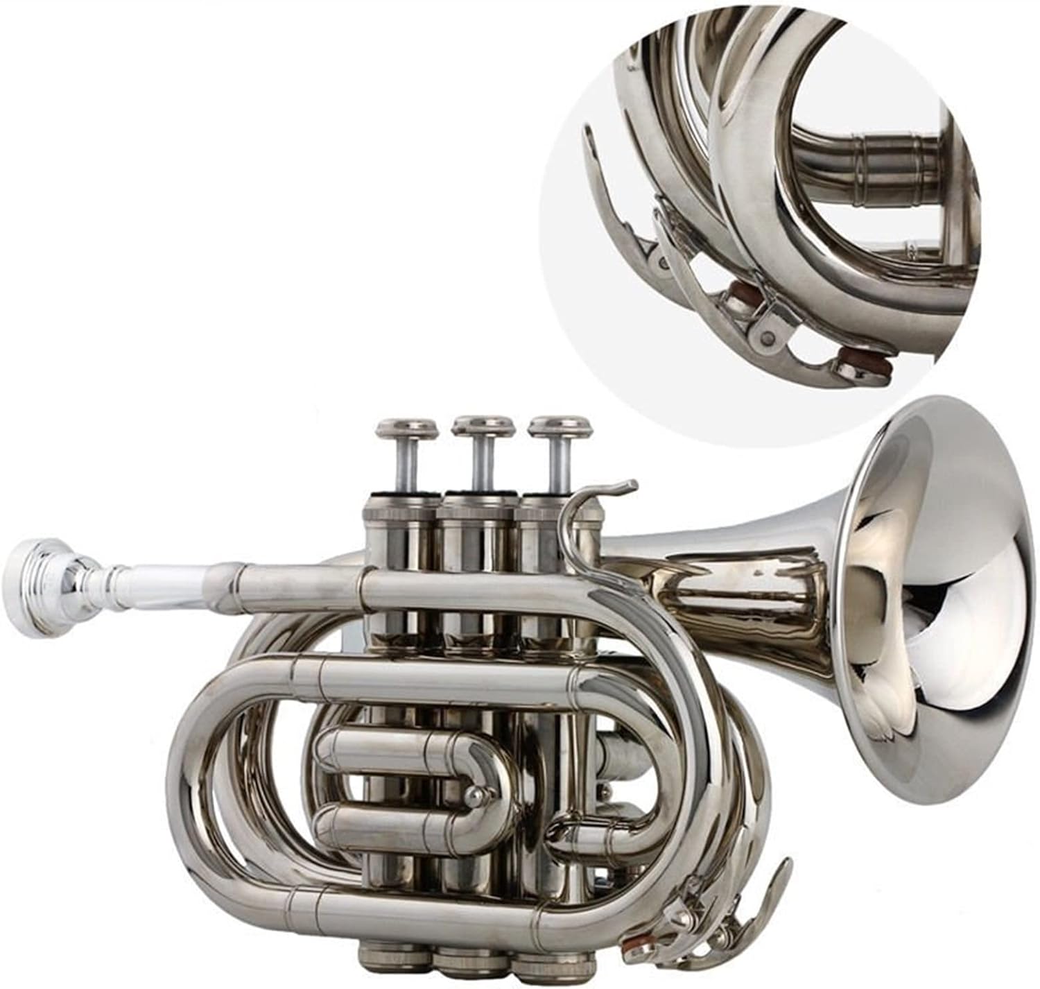 B-Flat Silver-Plated Pocket Trumpet Bb Silver Brass Nickel-Plated Cornet Instrument Beginner Trumpet