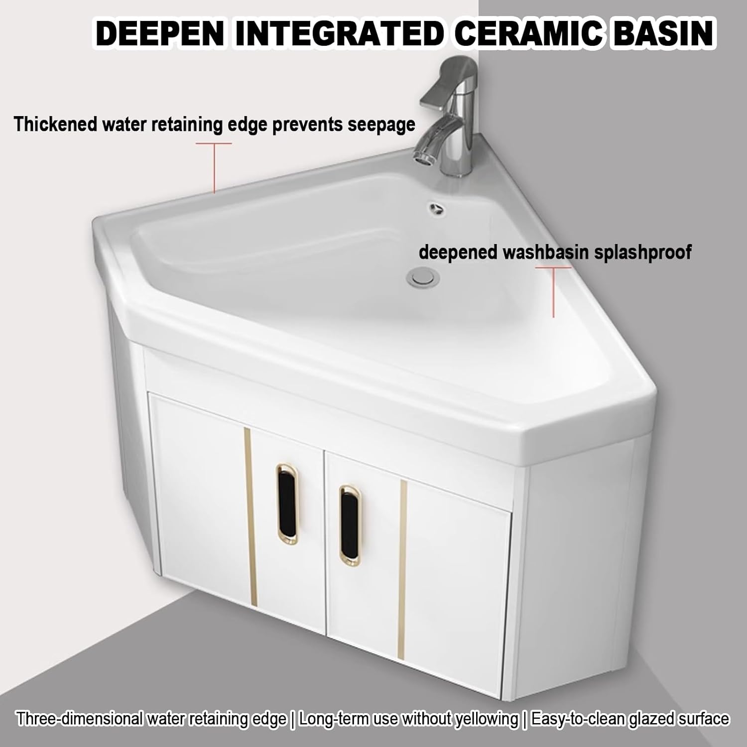 Wall mount Single Floating Bathroom Vanity, Ceramic corner bathroom vanity cabinets, for small corner sink Cabinet Set Design, for Home Kitchen Patio Laundry Room.(Color:White,Size:48*48cm)