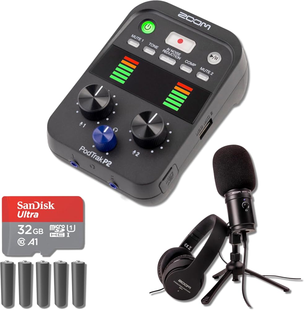 Zoom PodTrak P2 USB Mic Recorder with Zum-2 USB Podcast Microphone Pack, 32GB microSD Card and 5X AA Batteries