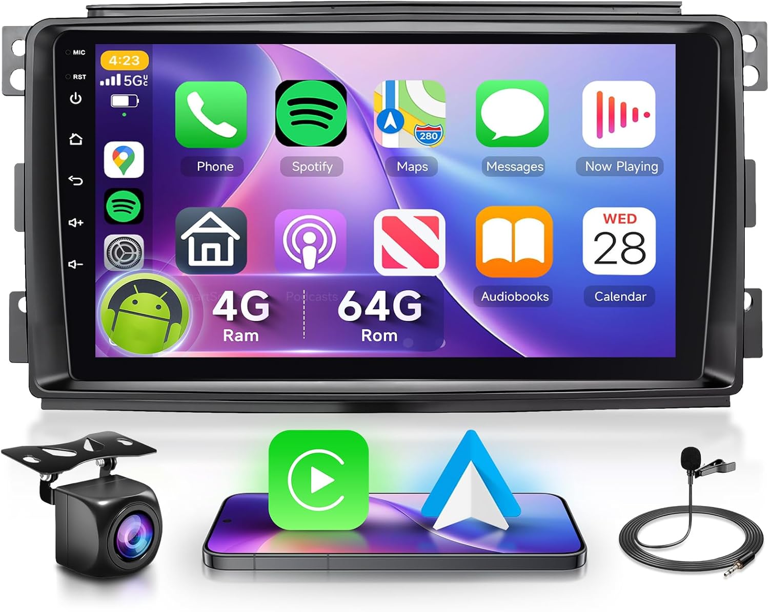 4G+64G Car Radio for Mercedes-Benz Smart Fortwo 2005-2010 with Wireless CarPlay/Android Auto, Podofo 9” 1280 * 720P IPS Touchscreen Stereo Android 13 GPS WiFi Bluetooth DSP SWC + HD Backup Camera