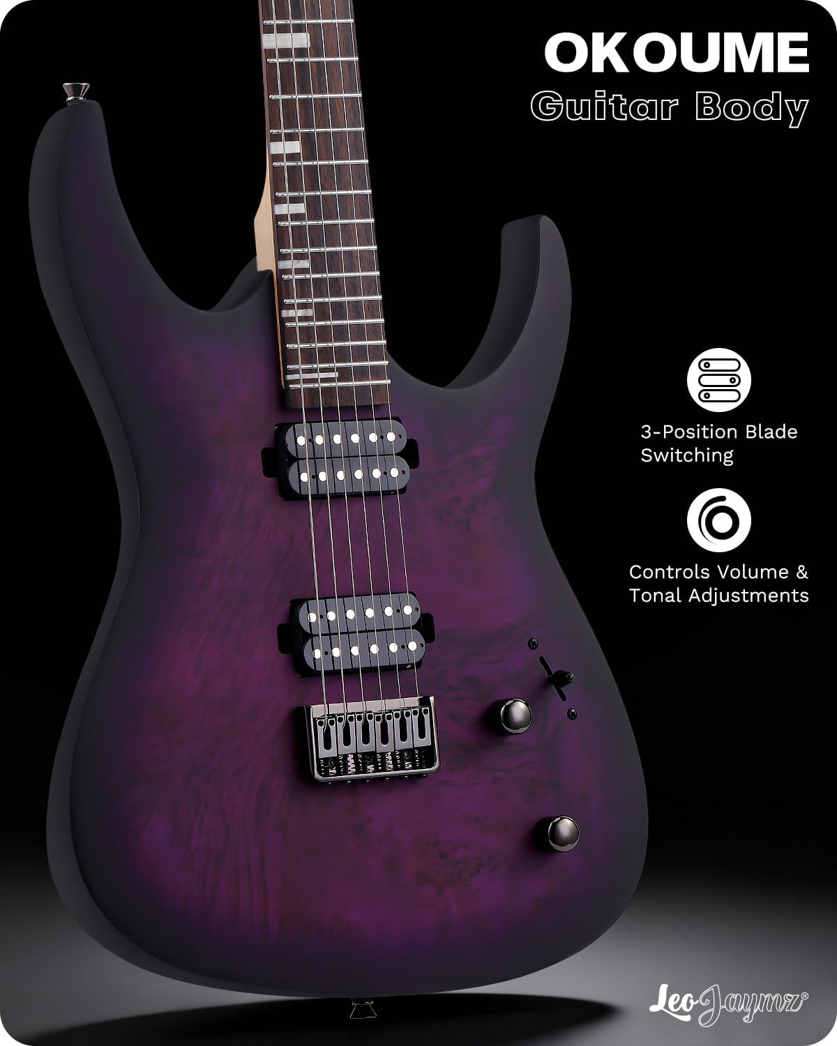 Leo Jaymz Tornado 6-String Electric Guitar, Okoume Body, Maple Neck, Laurel Fingerboard, Dual Alnico V Pickups, Locking Tuners, 3-Way Switch, 24 Frets (Purple Burl)