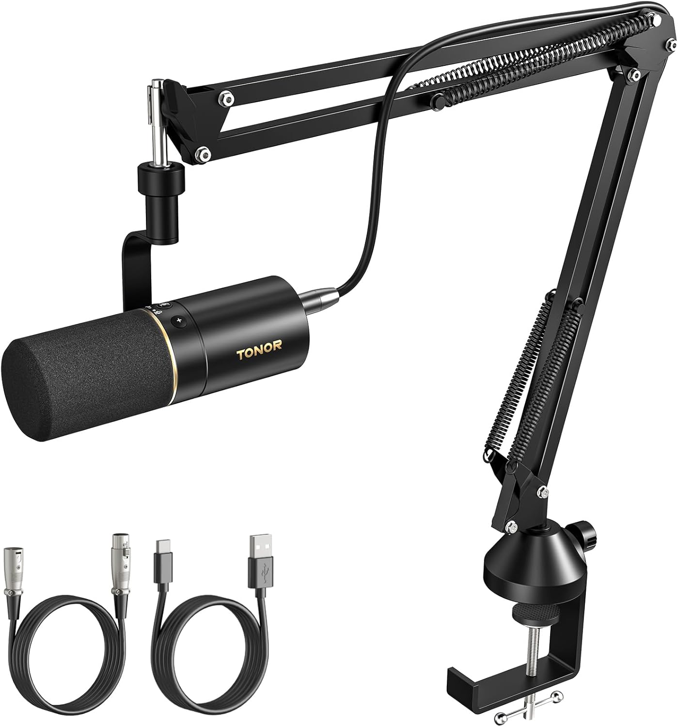 TONOR Dynamic Podcast Microphone, XLR/USB Mic for Podcasting, Recording, Streaming, XLR Cardioid Studio Mic with Quick Mute, 3.5mm Headphone Jack, Volume Control, Microfono with Boom Arm, Black,TD510+