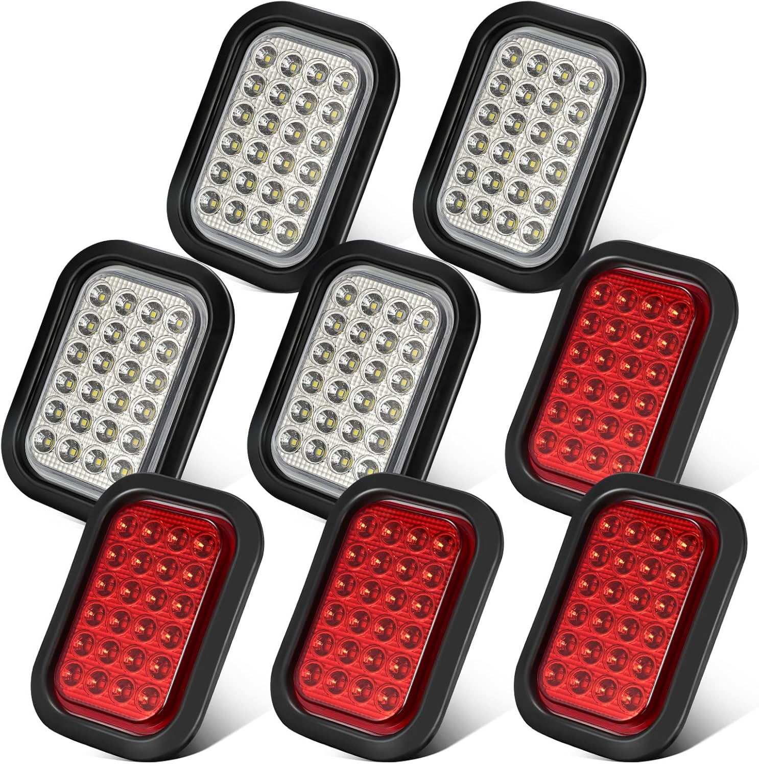 Partsam 8X 5x3 Inch 24LEDs Rectangle Stop Turn Tail Running Reverse Backup Lights Truck Trailer Tail Lights Sealed Flush Mount 3 Prong Plug Rubber Grommet 12V IP67 Waterproof