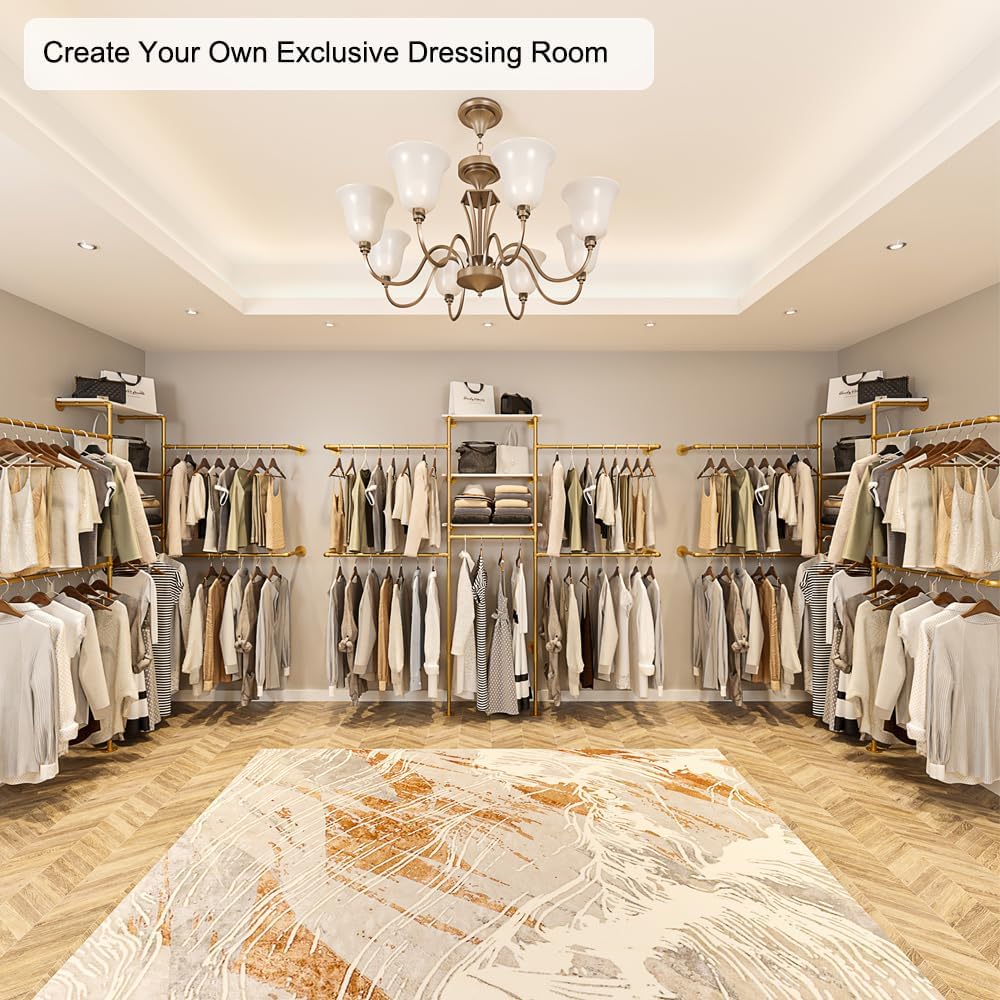 Heavy Duty Gold Pipe Clothing Rack - Wall Mounted Industrial Clothes Rack, DIY Corner Closet System with Shelves, Adjustable Walk-in Closet Organizer (GOLD, 94.5