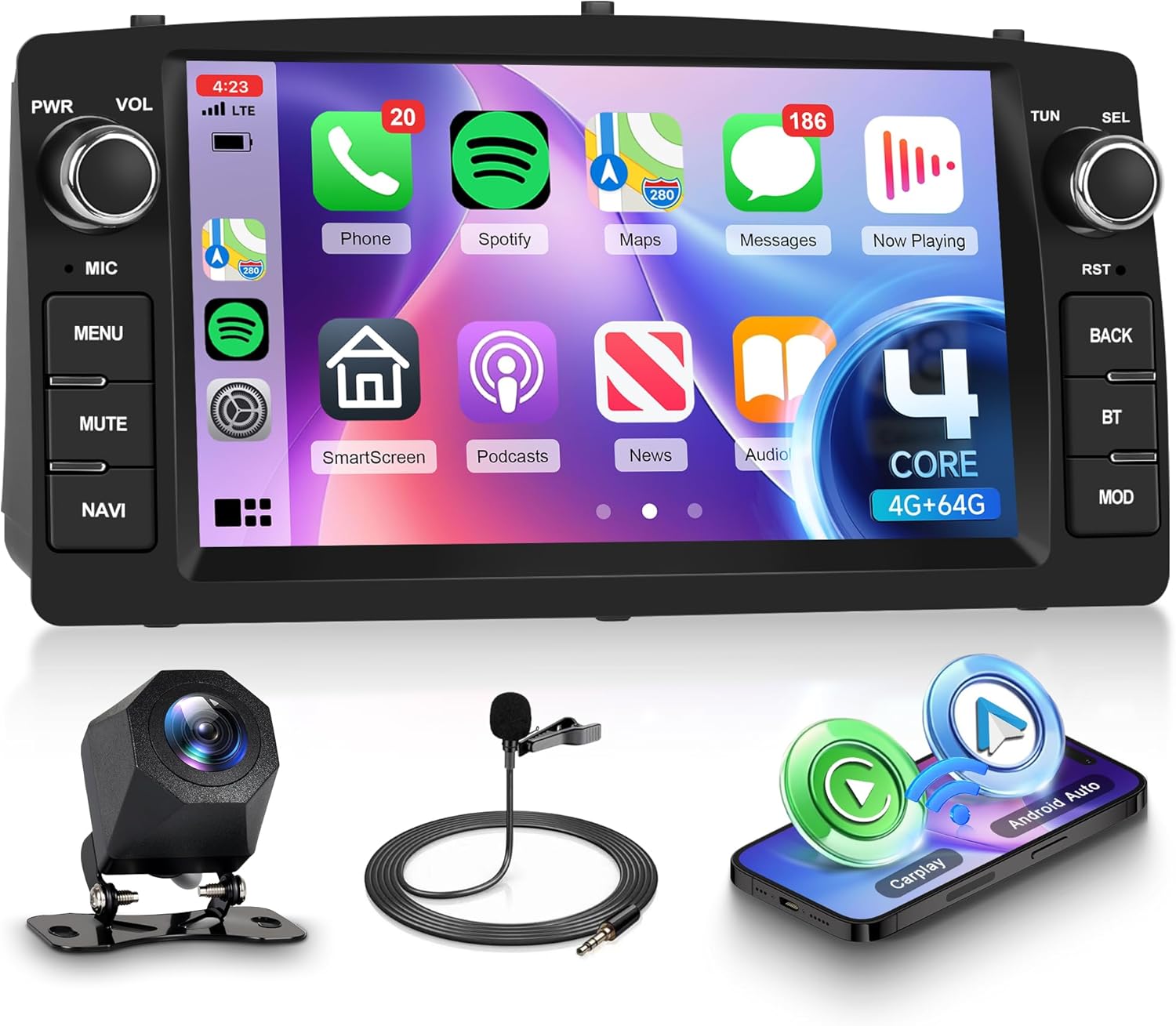 4G+64G Android Car Stereo for Toyota Corolla E120 E130 2000-2008 with Wireless CarPlay Android Auto, 7 Inch Touchscreen Car Radio GPS Navigation WiFi SWC Bluetooth 32EQ Backup Camera