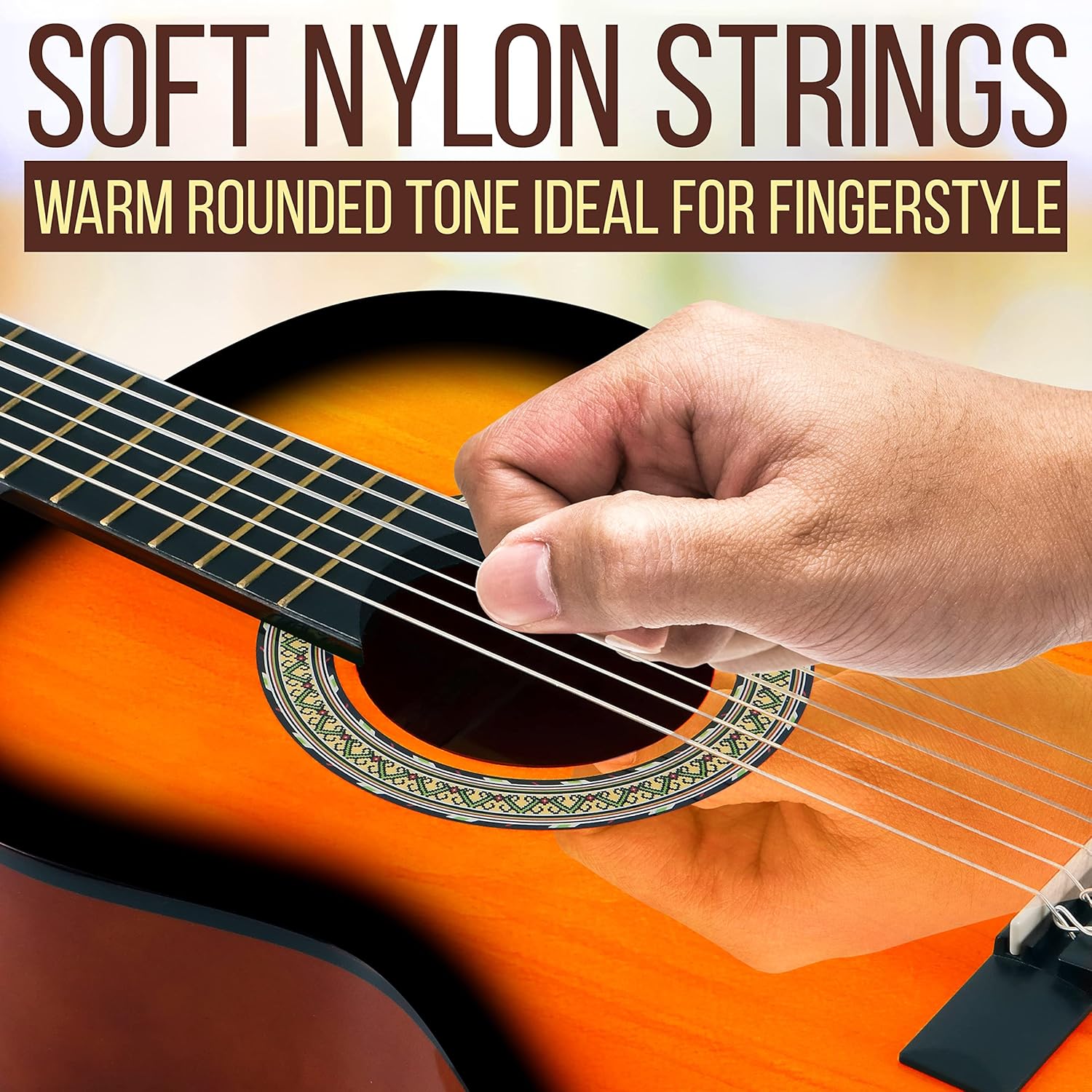 Beginner 36” Classical Acoustic Guitar - 3/4 Junior Size 6 String Linden Wood Guitar w/Gig Bag, Nylon Strings, Picks, Strap, For Beginners, Adults (Sun Burst)