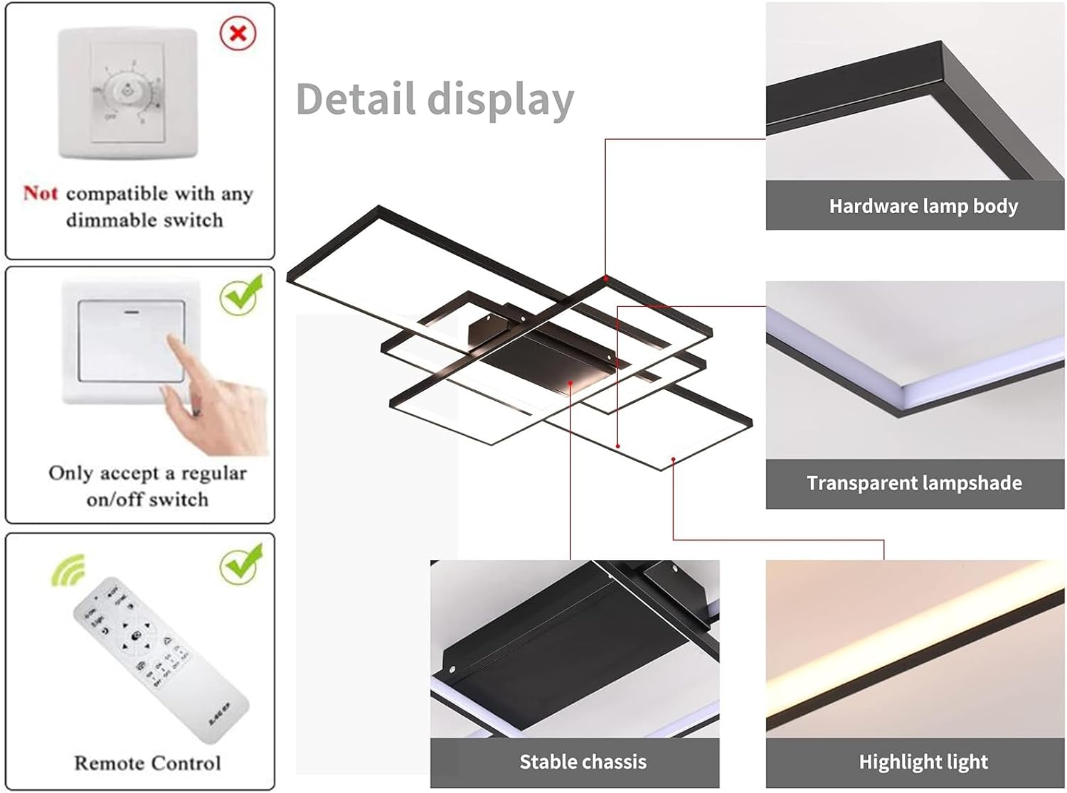 GEADI Modern Extra Large LED Ceiling Lights, Black Dimmable Rectangular Chandelier 68W Flush Mount Ceiling Lamp with Remote 3 Squares Ceiling Light Fixtures for Living Dining Room Kitchen, 41.3in