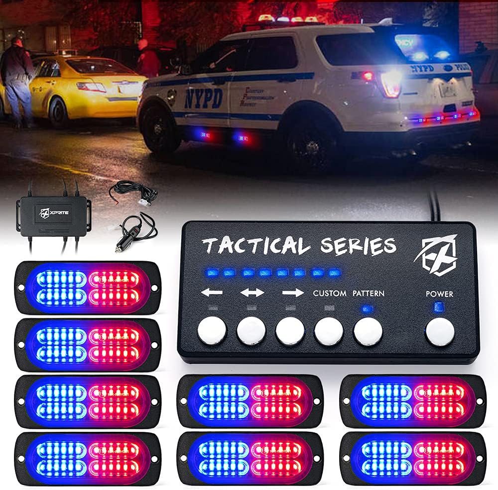 Xprite 24 LED Surface Mount Strobe Lights Kit with Control Panel, Grill Grille Flashing Emergency Warning Police Side Marker Light for Trucks Vehicles ATV RV Cars Van Red Blue, 8PCS