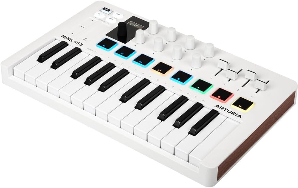 Arturia MiniLab 3 Compact MIDI Keyboard and Pad Controller (White) Bundle with Over-the-Ear Headphones + 6ft MIDI Cable & Cleaning Cloth (4 Items)