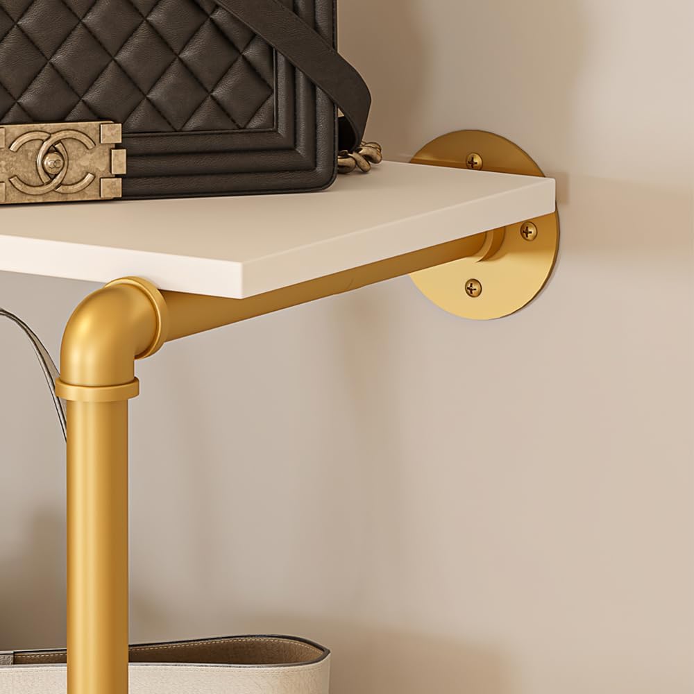 Heavy Duty Gold Pipe Clothing Rack - Wall Mounted Industrial Clothes Rack, DIY Corner Closet System with Shelves, Adjustable Walk-in Closet Organizer (GOLD, 94.5