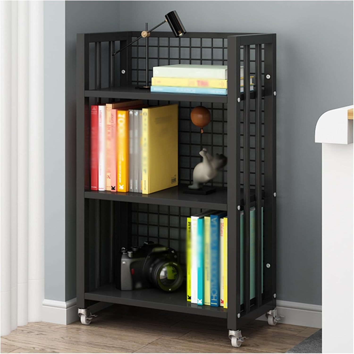 3 Cube Bookshelf, Home Multi-Layer Side Table with Wheels for Living Room, Study Room, Reading Corner (44.5 X 22 X90cm)(White+Light Walnut) (Black+Black One Size)