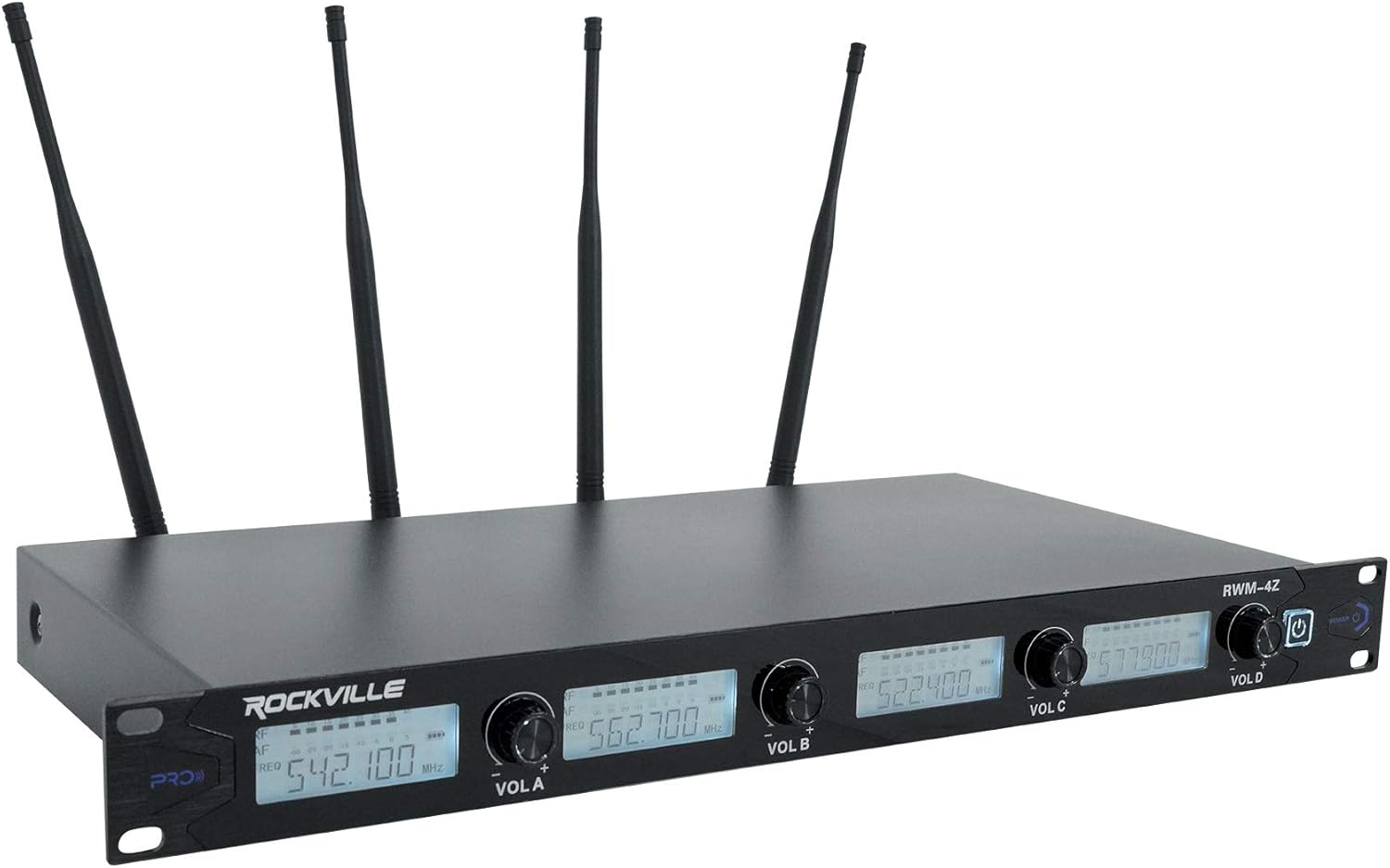 Rockville RWM-4Z Quad Wireless UHF Handheld/Headset Microphone System (4 Mics), 20 Adjustable Frequencies, LCD Display, Metal Build, for Karaoke and Live Events