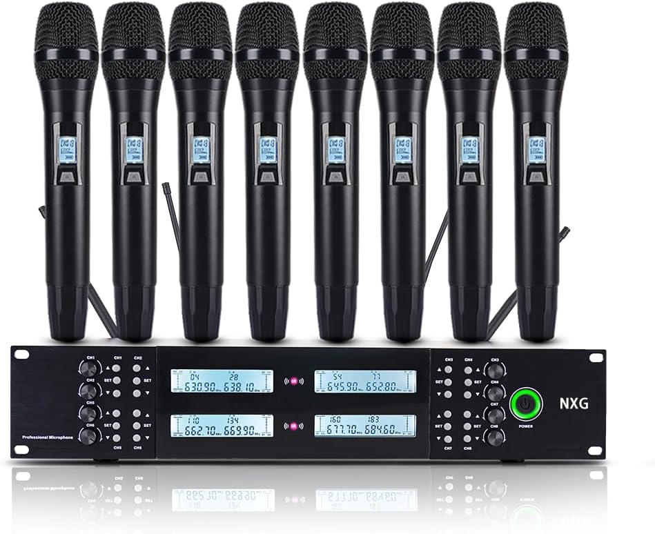UK-800 8-Channel Wireless Microphone System, UHF Metal Cordless Mic, 8 Handheld Mics, Long Distance150-200ft, Fixed Frequency, 16 Hours Use for Karaoke Singing, Church