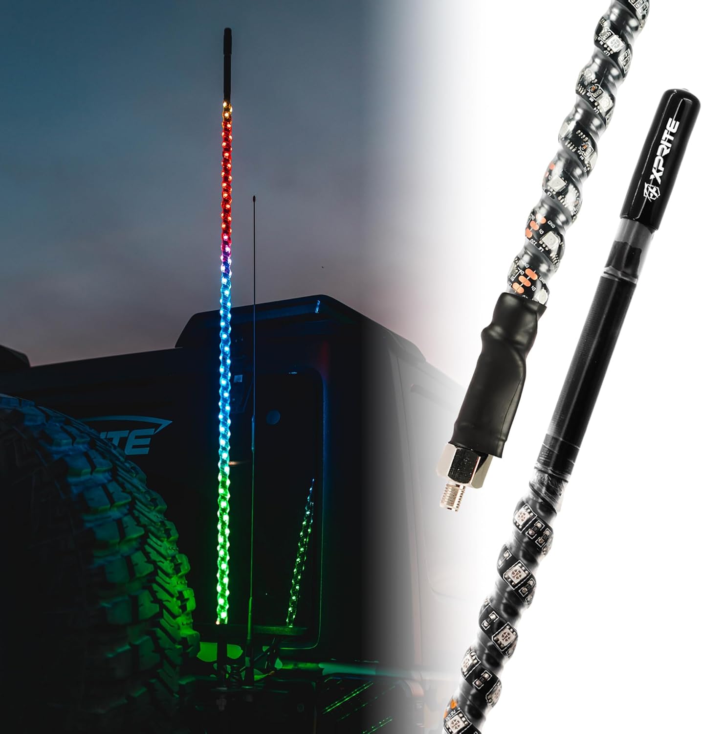 Xprite 4FT CB Radio Antenna with Spiral RGB LED Whip Light, App & Remote Control DIY Chasing Pattern, Safety Antenna Lighted Whips Compatible with Offroad ATV UTV Polaris RZR Can-am Buggy Jeep