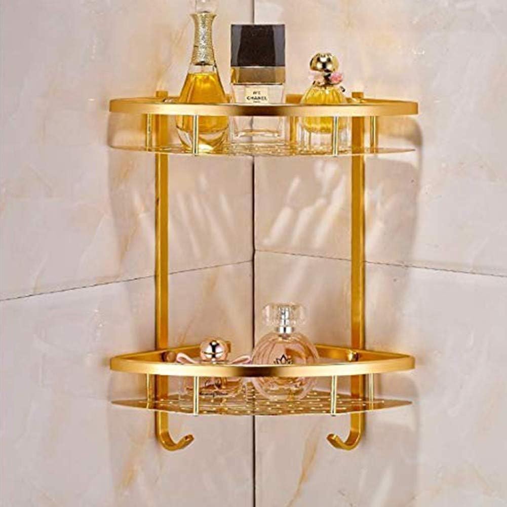 Exquisite Bathroom Shelves Corner Shelf for Shower Wall Mount, 2 Tiers Shower Caddy Corner Shelf Organizer with Hooks, No Drilling Bathroom Bathtub Shower Caddy Holder Corner Rack Stainless SteelGold